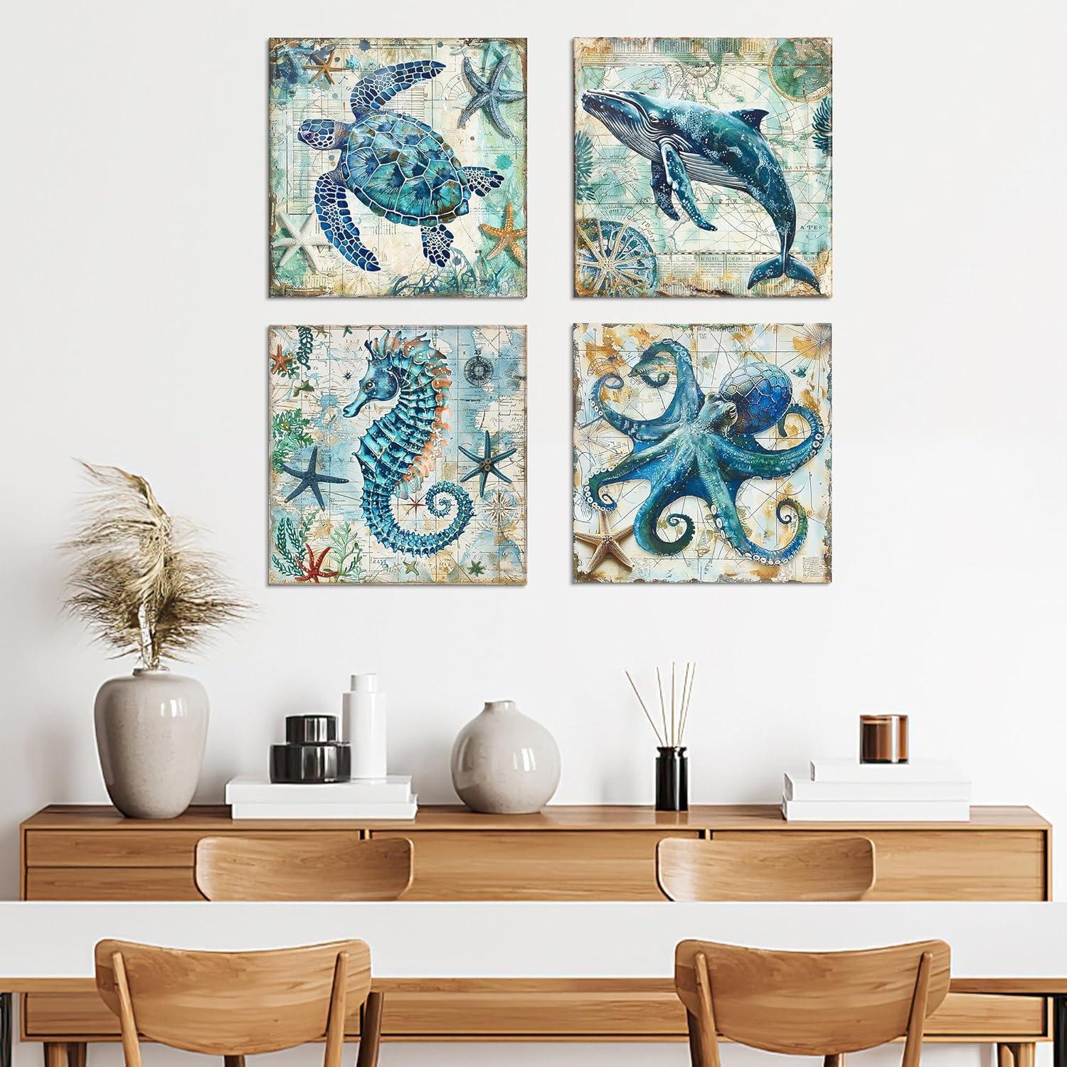 Navy Blue Fish Wall Art Beach Themed Sea Turtle Jellyfish Octopus Canvas Pictures Kids Bathroom Nursery Decor Boho Ocean Animal Painting Artworks for Bedroom Living Room Home Decorations 12x12" 4 Pcs