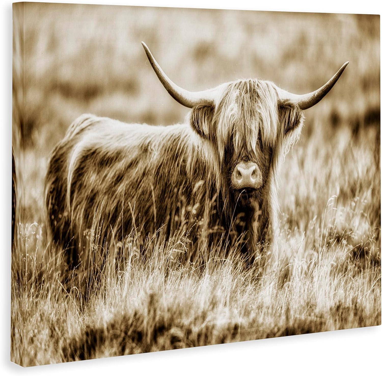 Vintage Highland Cow Sepia Canvas Print with Frame, 25x32