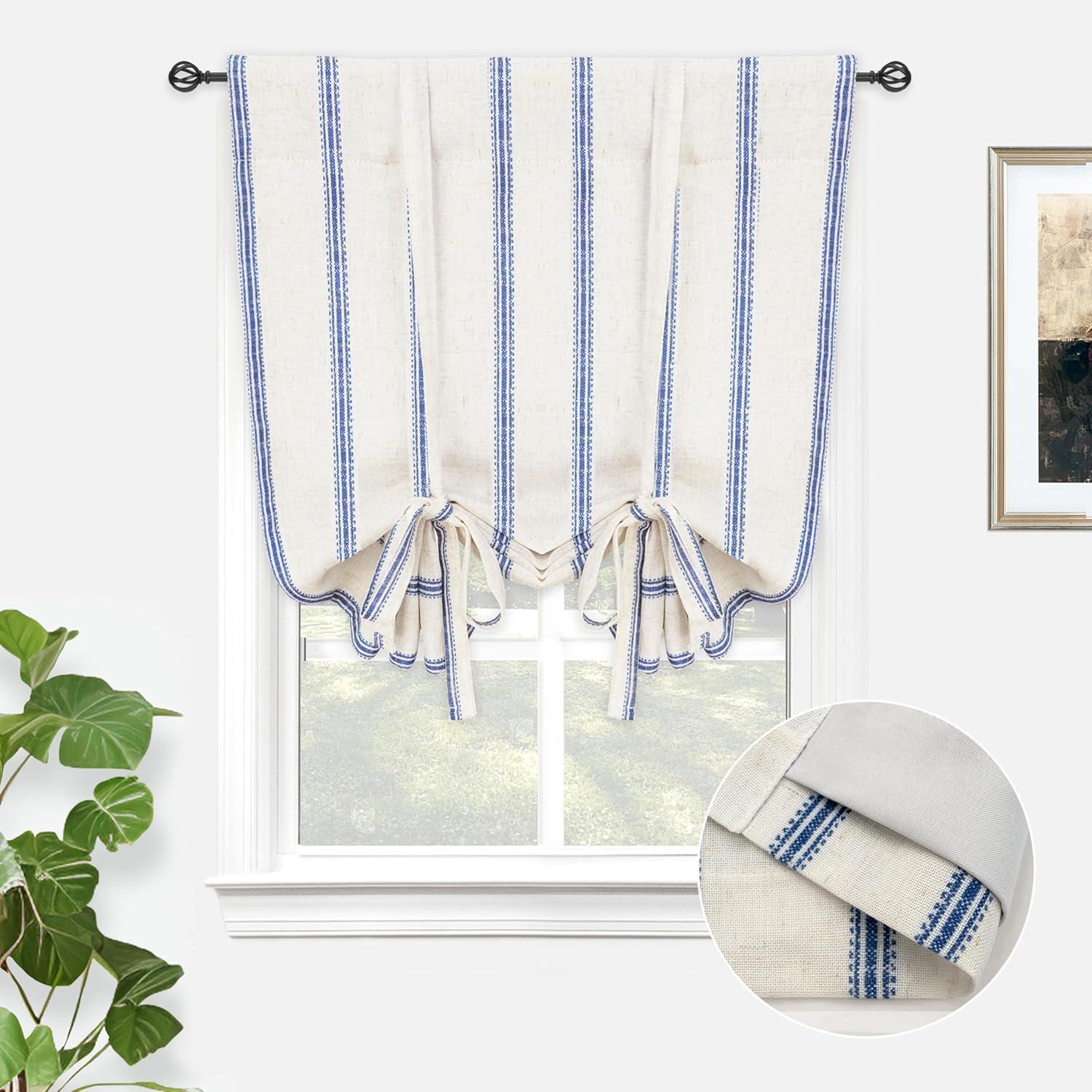 DriftAway Farmhouse Double Layer Linen Blackout Tie Up Curtains Thermal Insulated Vertical Striped Fully Lined Balloon Roman Shade Bathroom Window Adjustable Rod Pocket 25 Inch by 47 Inch Navy