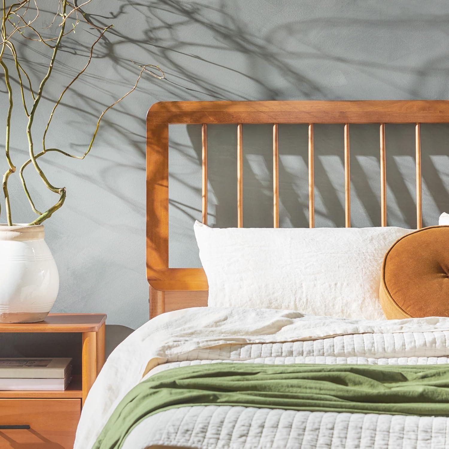 Walker Edison Mid-Century Modern Slatted Solid Wood Queen Bedframe, Caramel