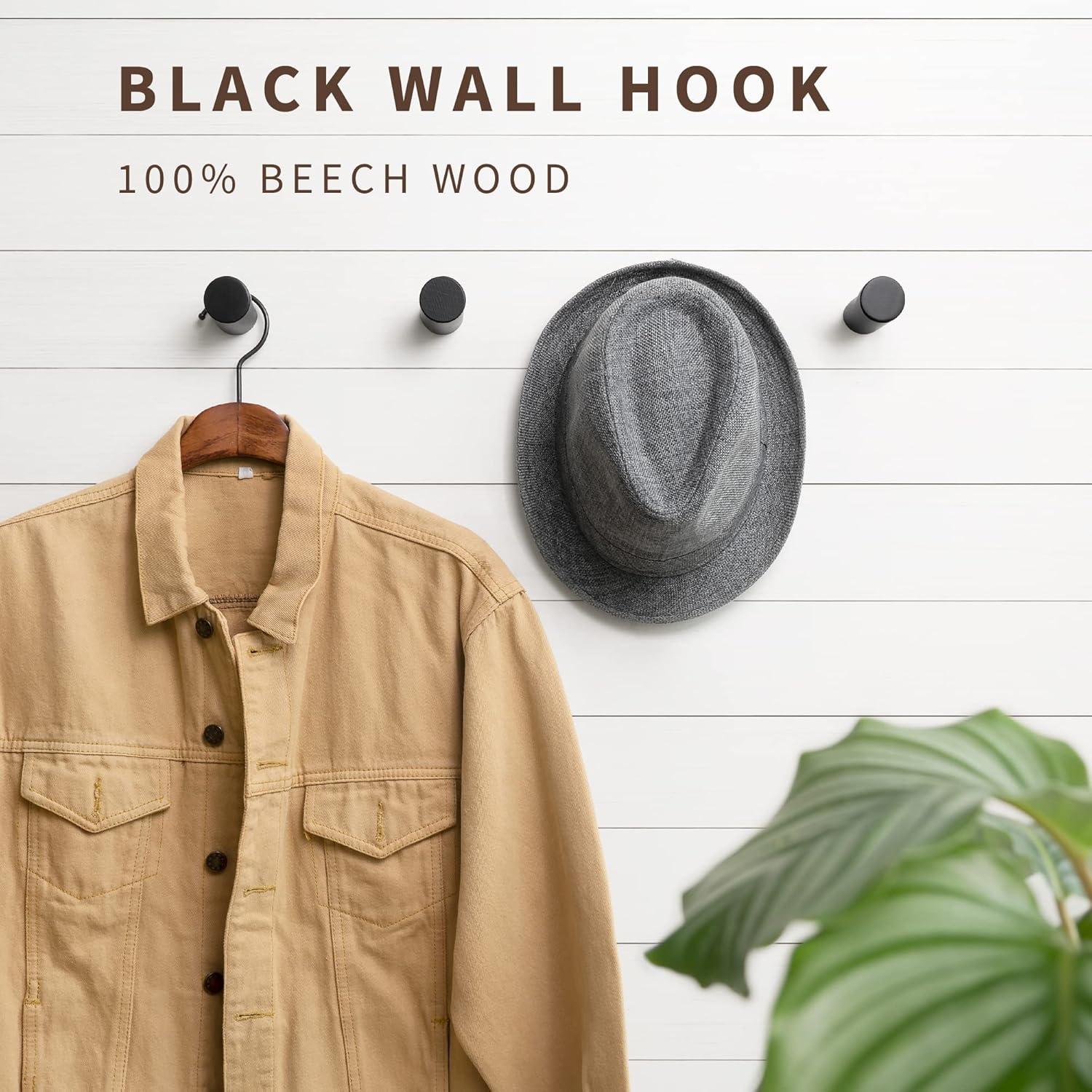 Wooden Black Wall Hooks - Pack of 4 - Wall Mounted Decorative Hook - Modern Wood Pegs for Hanging Hat, Coat, Towel - Purse and Backpack Hanger for Entryway