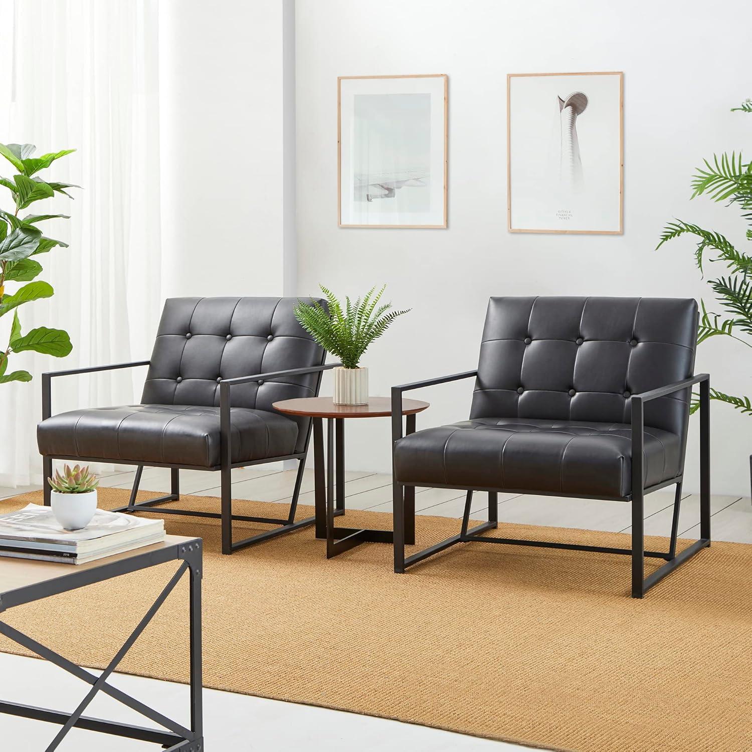 Glitzhome 31.50"H Accent Arm Chair PU Leather Button-tufted Ergonomic Chair with Black Metal Frame for Living Room Bedroom