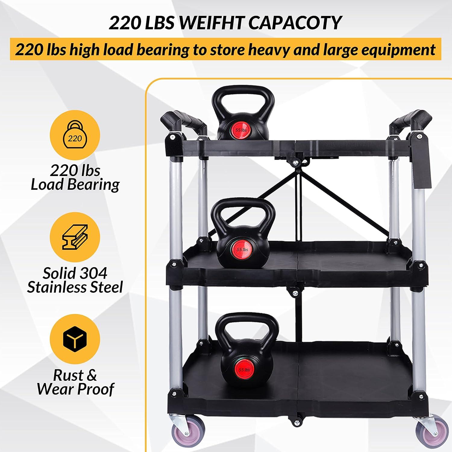 BISupply Rolling Cart - Collapsible 3 Tier Cart for Restaurant and Office