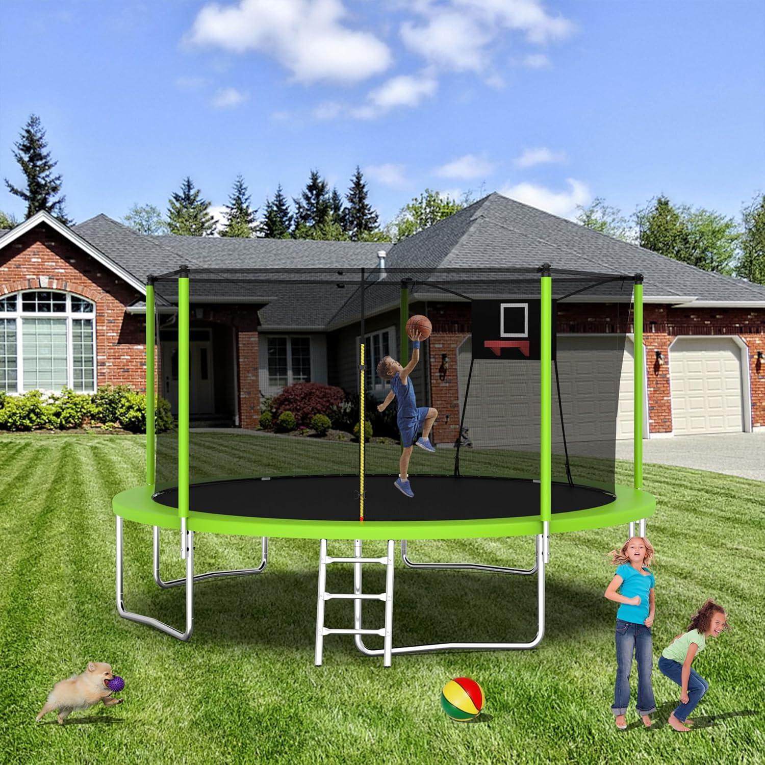 1000 LBS 14FT Outdoor Trampoline with Basketball Hoop & Safety Enclosure Net - ASTM Approved, Heavy-Duty Recreational Trampoline for Kids & Adults