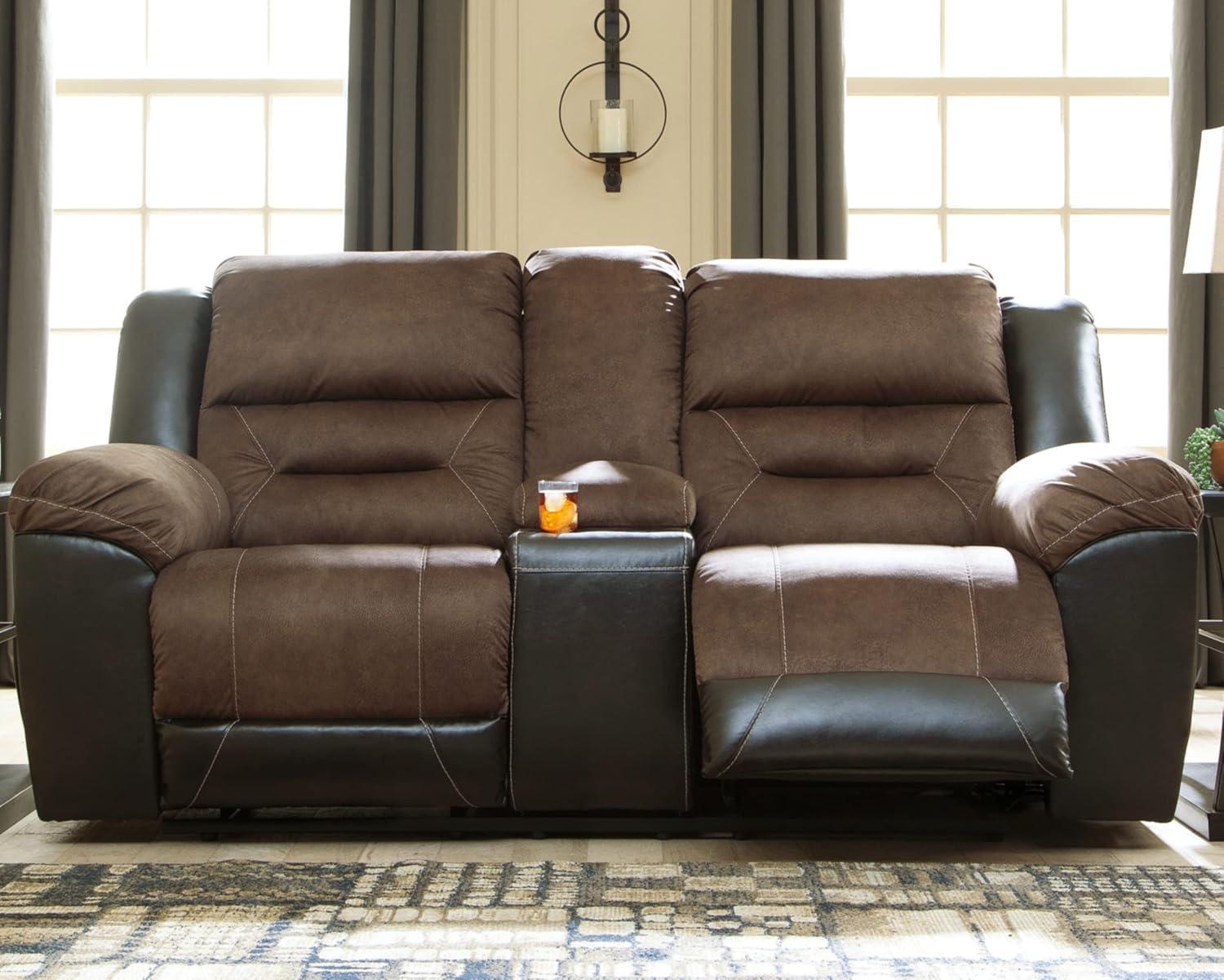 Chestnut Faux Leather Reclining Loveseat with Cup Holder and Pillow Back
