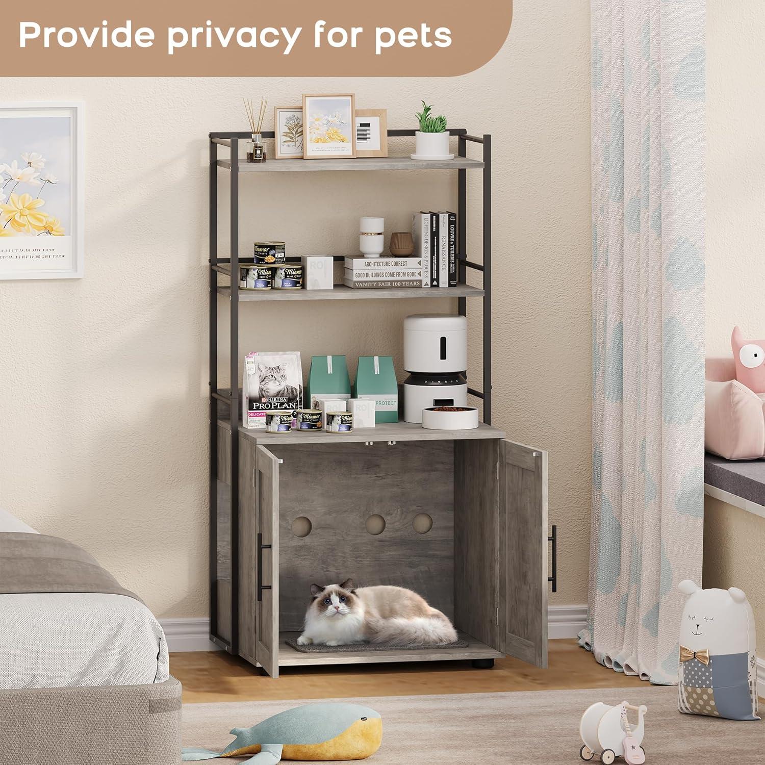 Garvee Cat Litter Box Enclosure with Shelf Storage, 2-in-1 Hidden Cat Washroom Furniture, Hidden Cat Box Enclosure with 3 Shelves and Door, Grey