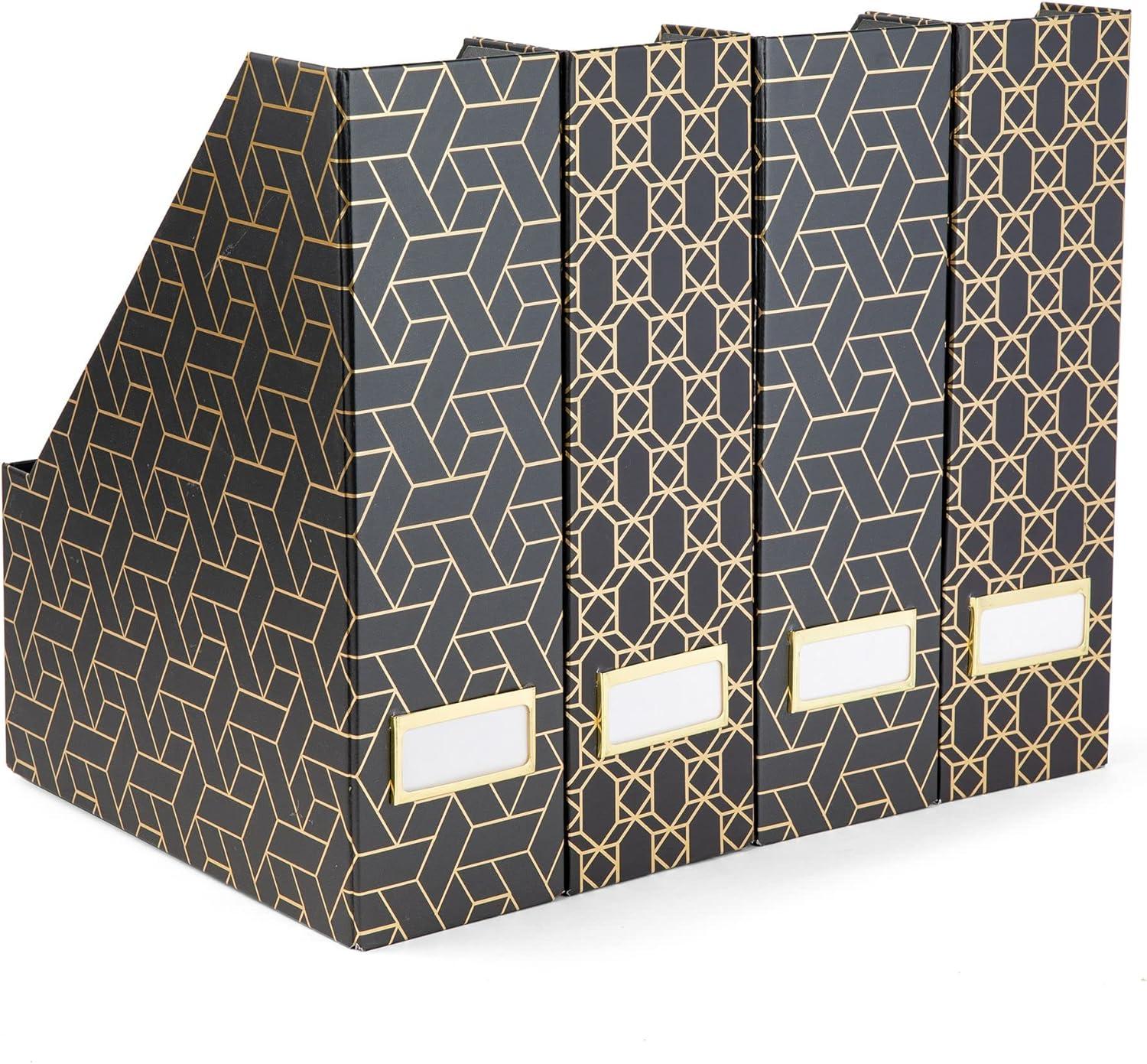 Foldable Magazine File Holder with Gold Label Holder - Set of 4 Cardboard Magazine File Boxes - Gold Desk Accessories