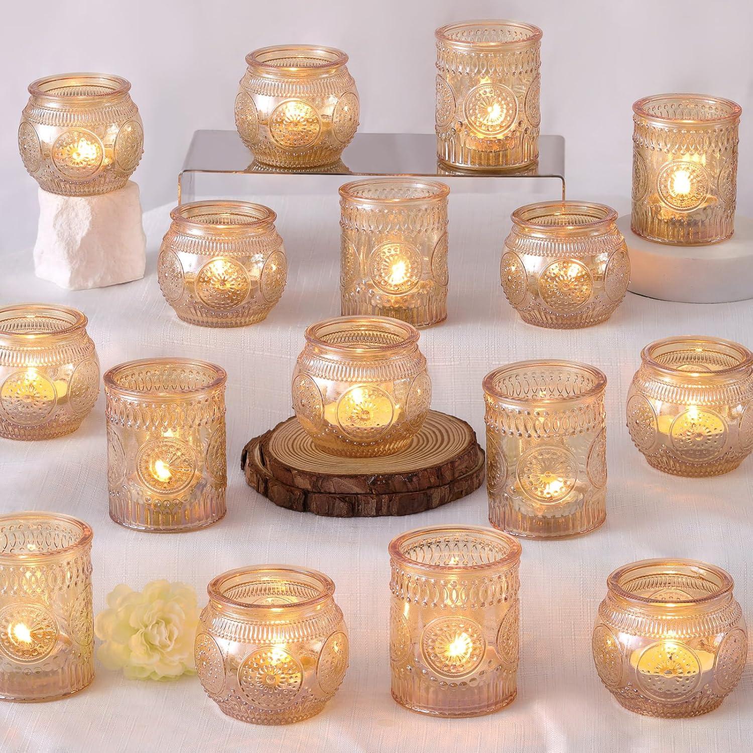 Gold Embossed Glass Tealight Candle Holders Set of 36