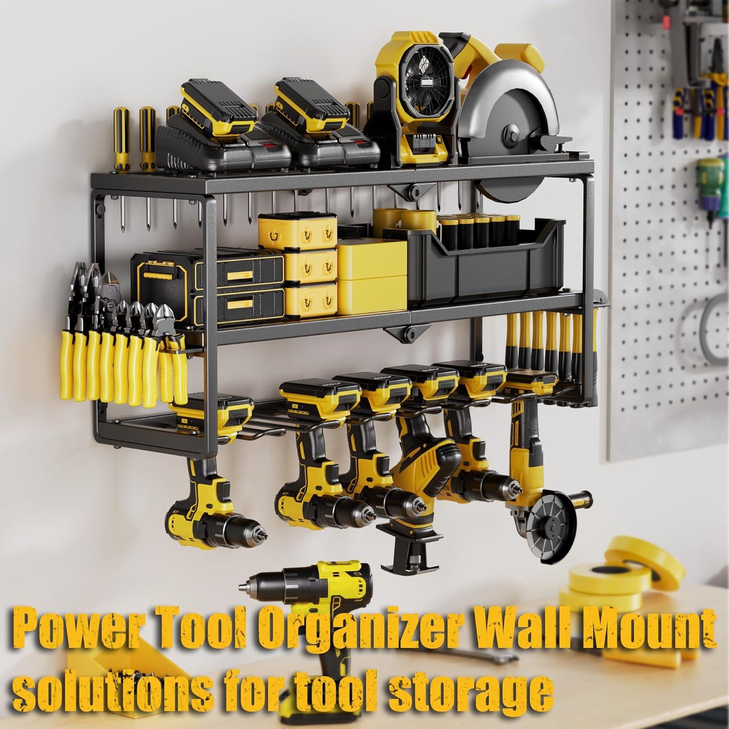 Power Tool Organizer, 7 Drill Holder for Tool Organizer, Storage and Organization for Garage, Heavy Duty Metal Tool Shelf Utility Rack for Cordless Power Tools Suitable for Pegboard/Workshop