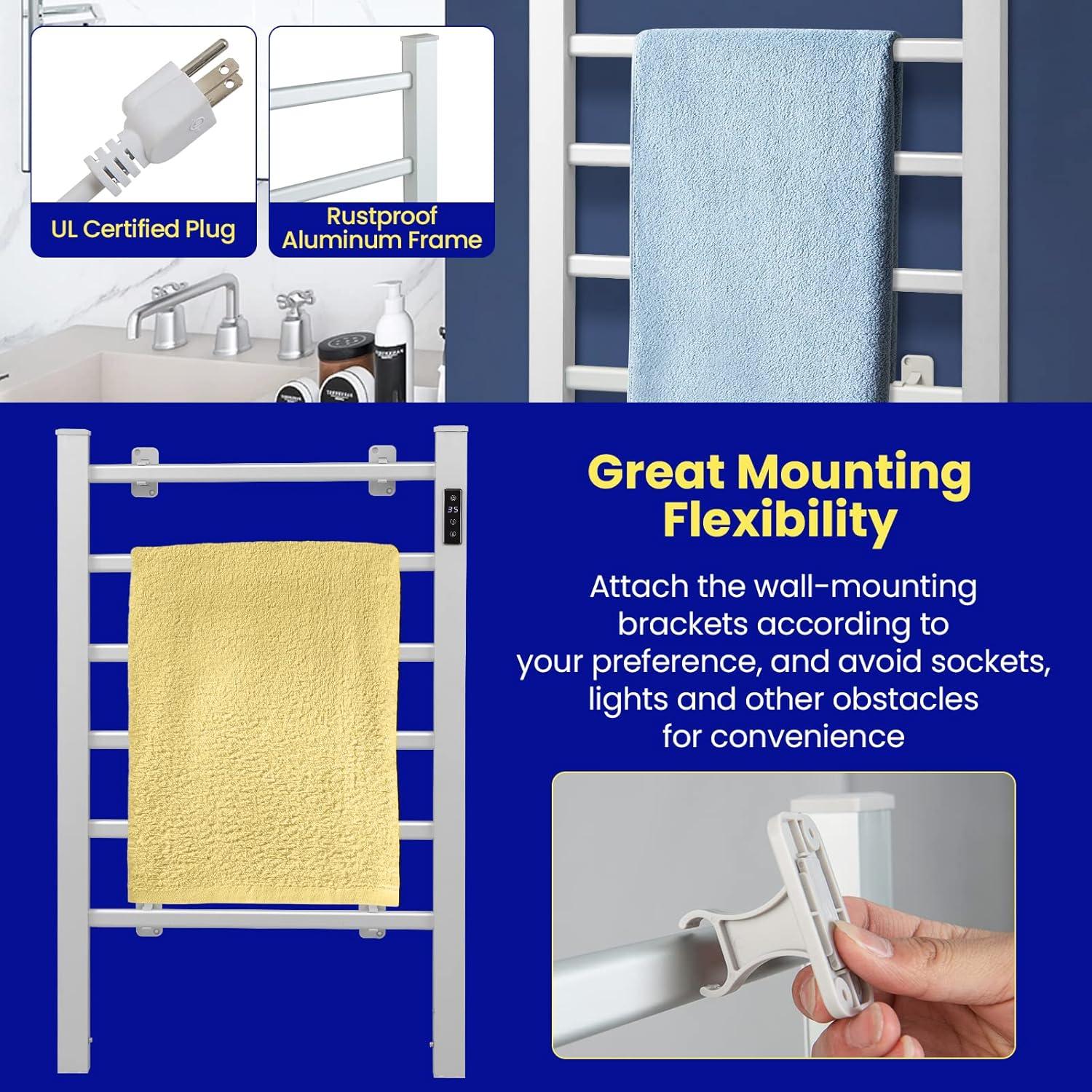 Costway Freestanding Wall Mounted Towel Warmer 6-Bar Aluminum Heated Towel Rack w/ Timer