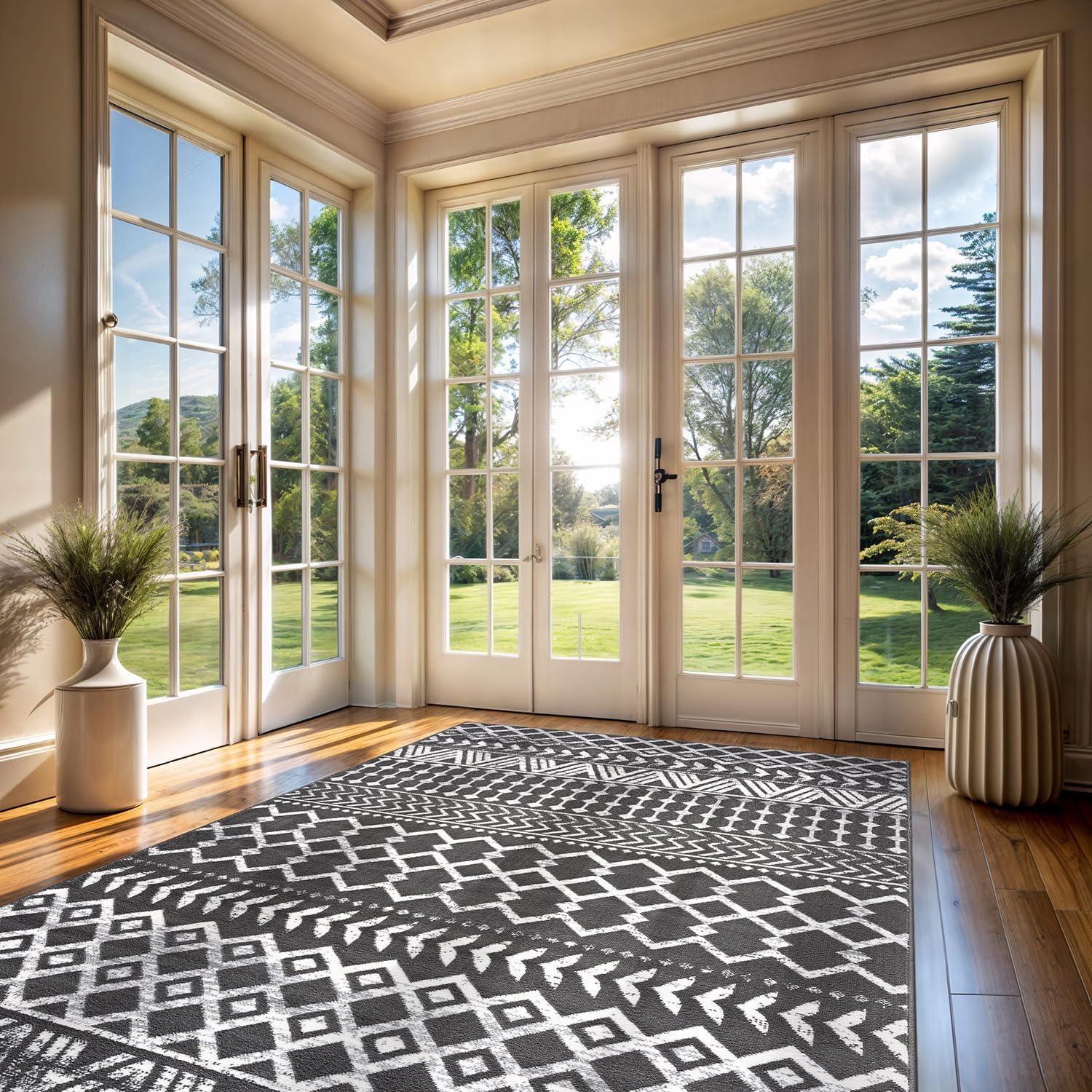 CAMILSON Boho Moroccan Dark Gray Rug Geometric Diamond 8x10 Area Rugs for Living Room Bedroom Kitchen Modern Bohemian Soft Stain Resistant Non-Shedding Indoor Carpet (8 x 10 Dark Grey and Cream)