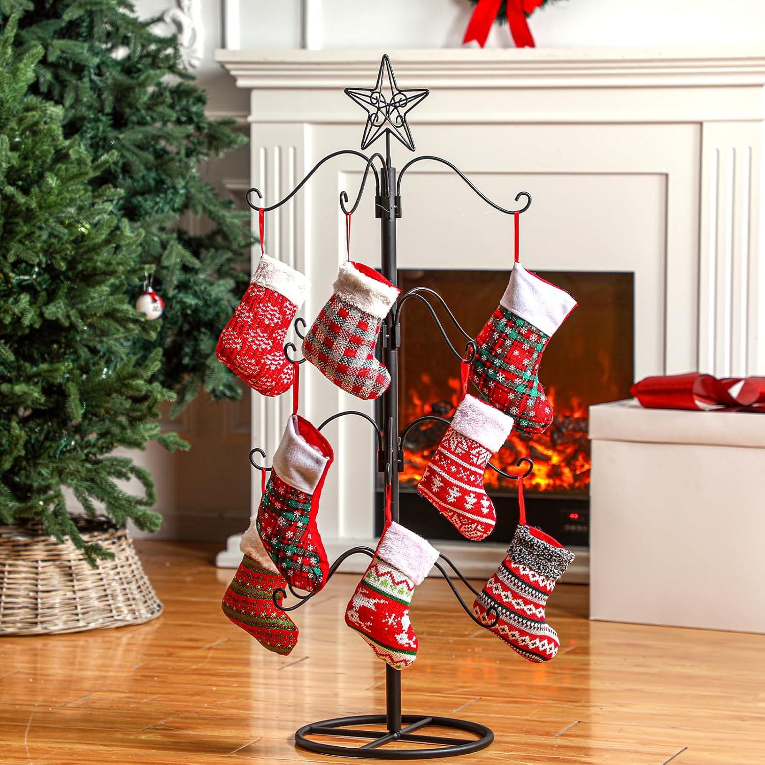 Black Metal Christmas Stocking Holder Tree with Star Topper