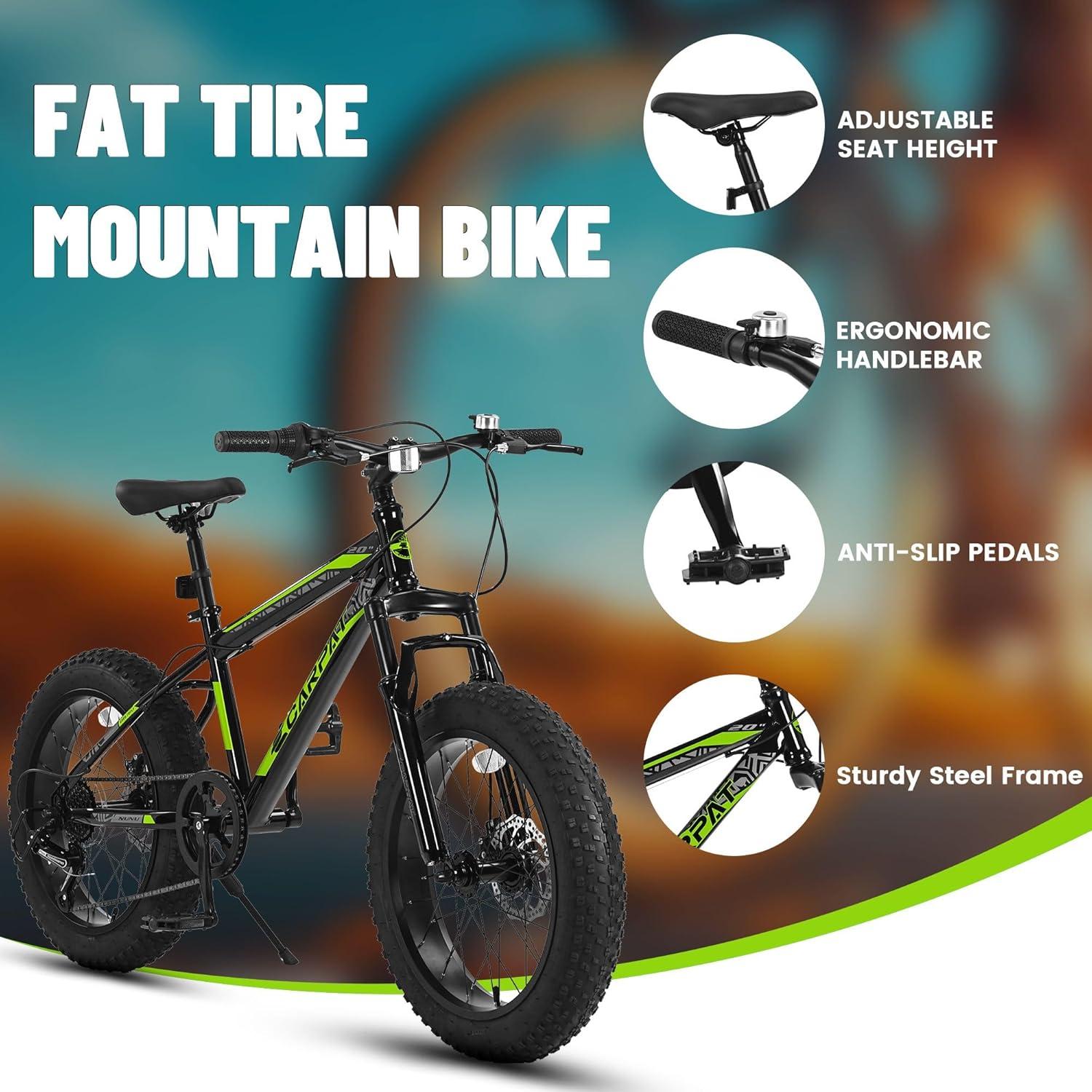 Mountain Bike 20 inch Wheels Fat Tire Bike,4" Wide Fat Tire Snow Mountain Bike ,7 Speed Teenager Children Kids' Bicycles