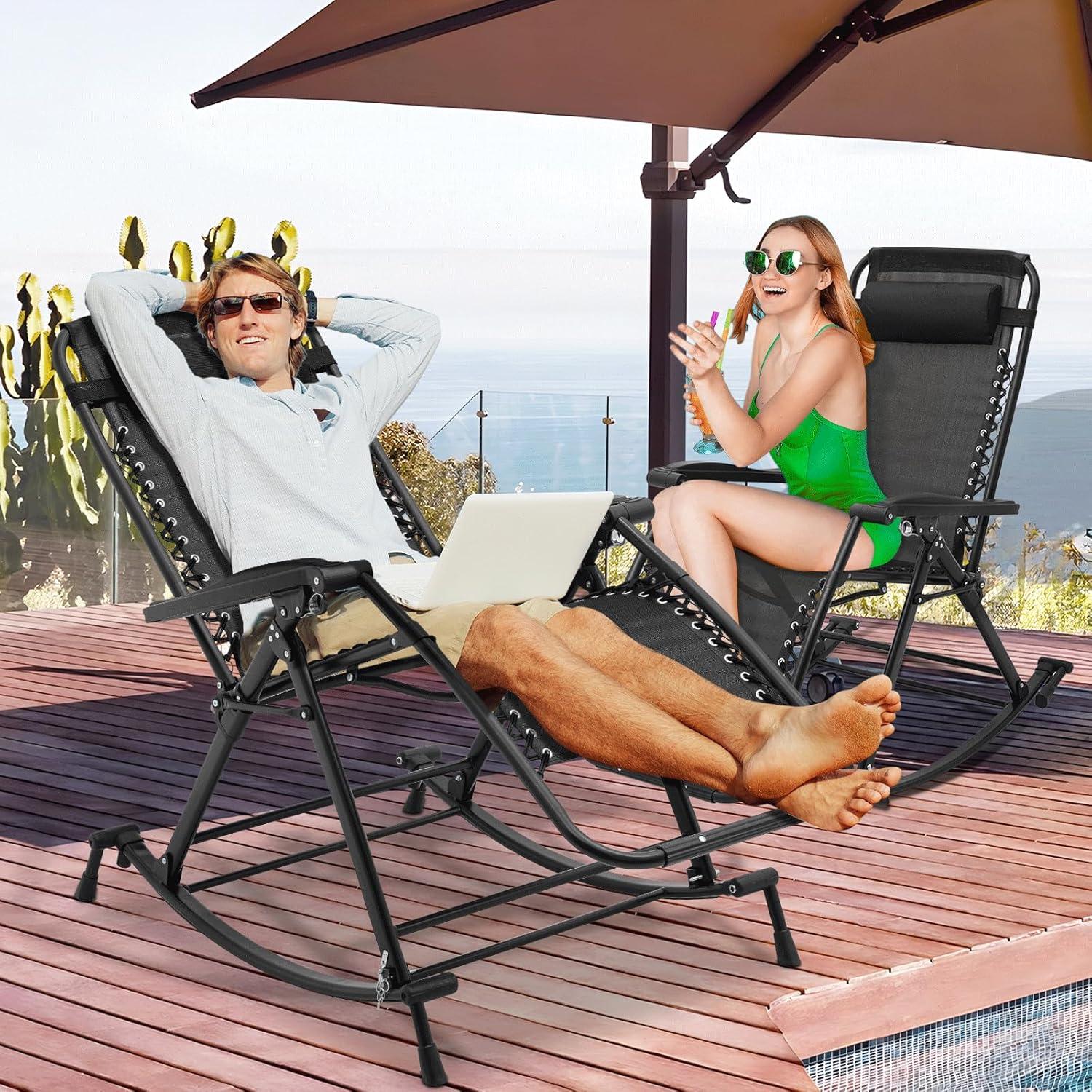 Magshion Set of 2 Zero Gravity Lounge Chairs, Adjustable Rocking Chairs with Pillow, Outdoor Beach Portable Foldable Recliner, Folding Lounge Rocker, Black