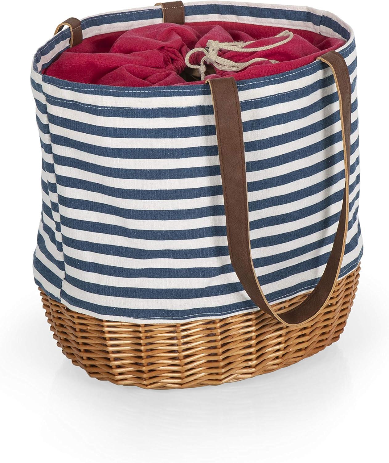 Picnic Time Coronado Canvas and Willow Basket Tote with Navy Blue and White Stripe