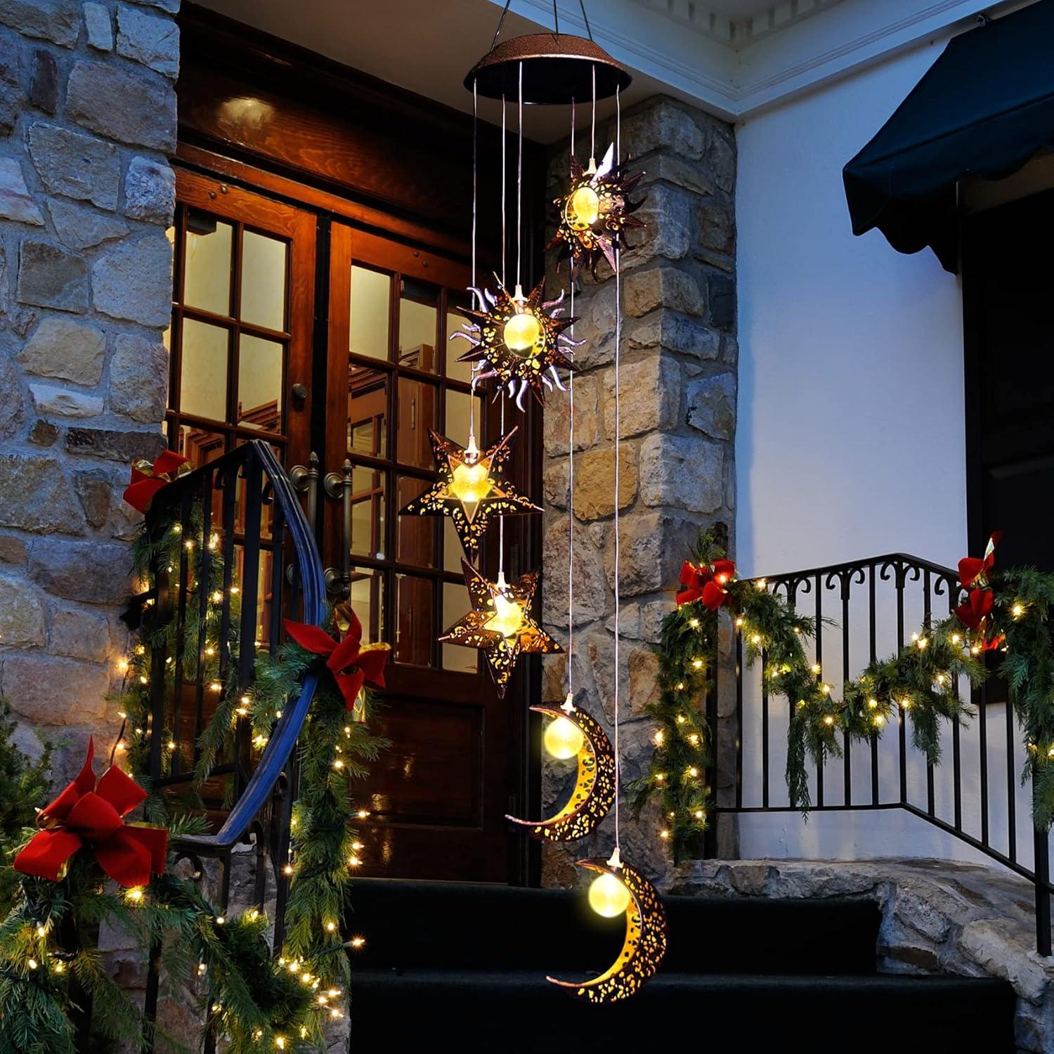 Solar Powered Sun Moon Star Waterproof LED Wind Chimes