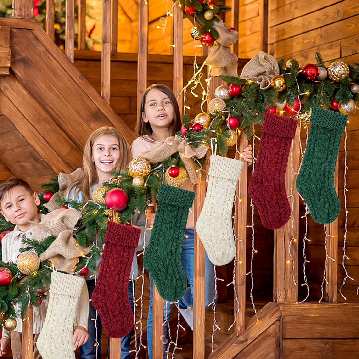 Set of 6 Large Knit Christmas Stockings in Red, Green, and Cream