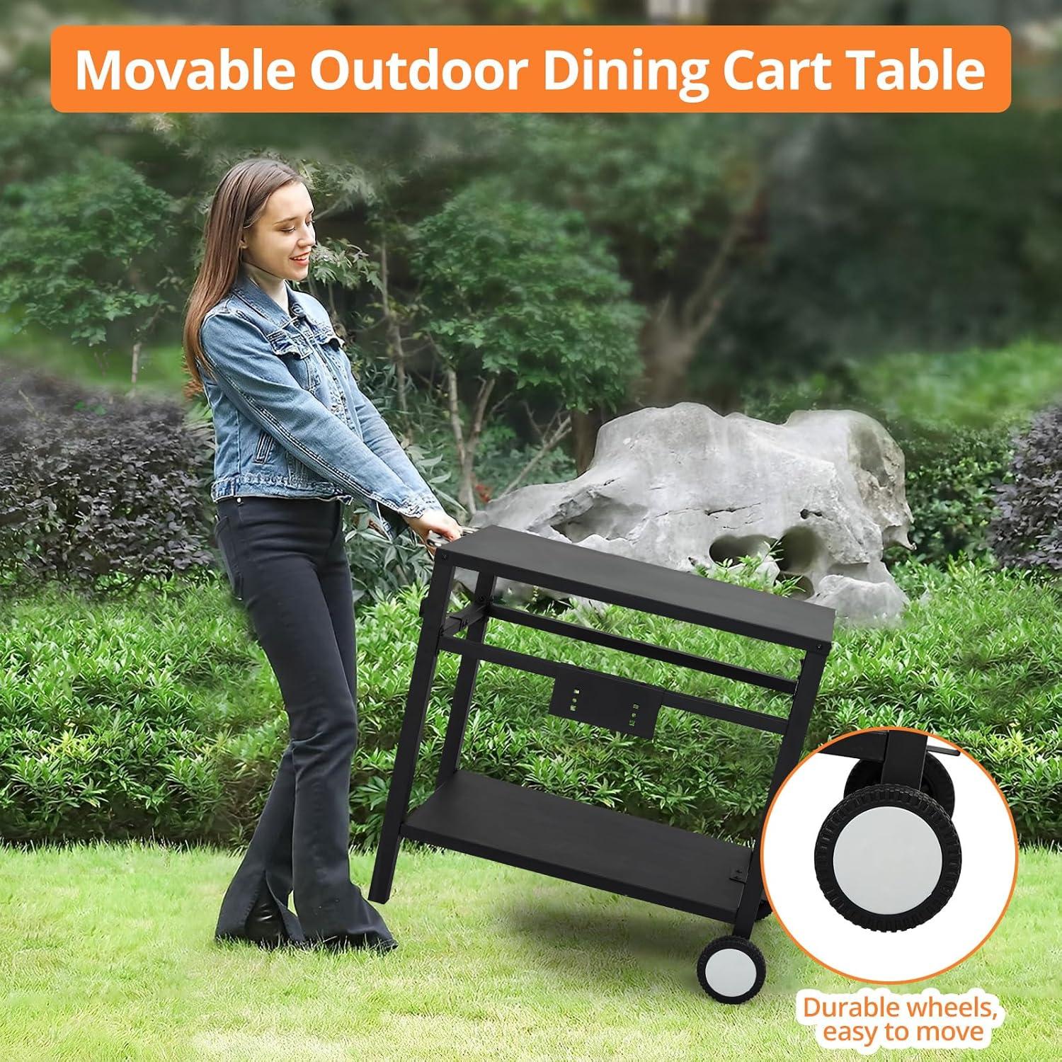 Outvita Outdoor Grill Cart, Movable Food Prep and Work Cart Table, Pizza Oven Stand Table with Wheels, Indoor & Outdoor Multifunctiona BBQ Cart with Mesh Racks for Home Party Camping