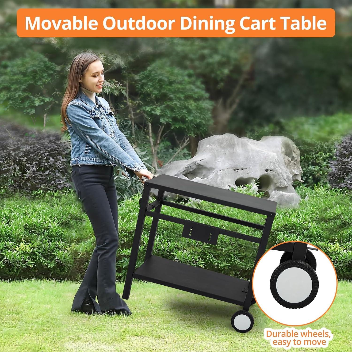 Outvita Outdoor Grill Cart, Movable Food Prep and Work Cart Table, Pizza Oven Stand Table with Wheels, Indoor & Outdoor Multifunctiona BBQ Cart with Mesh Racks for Home Party Camping