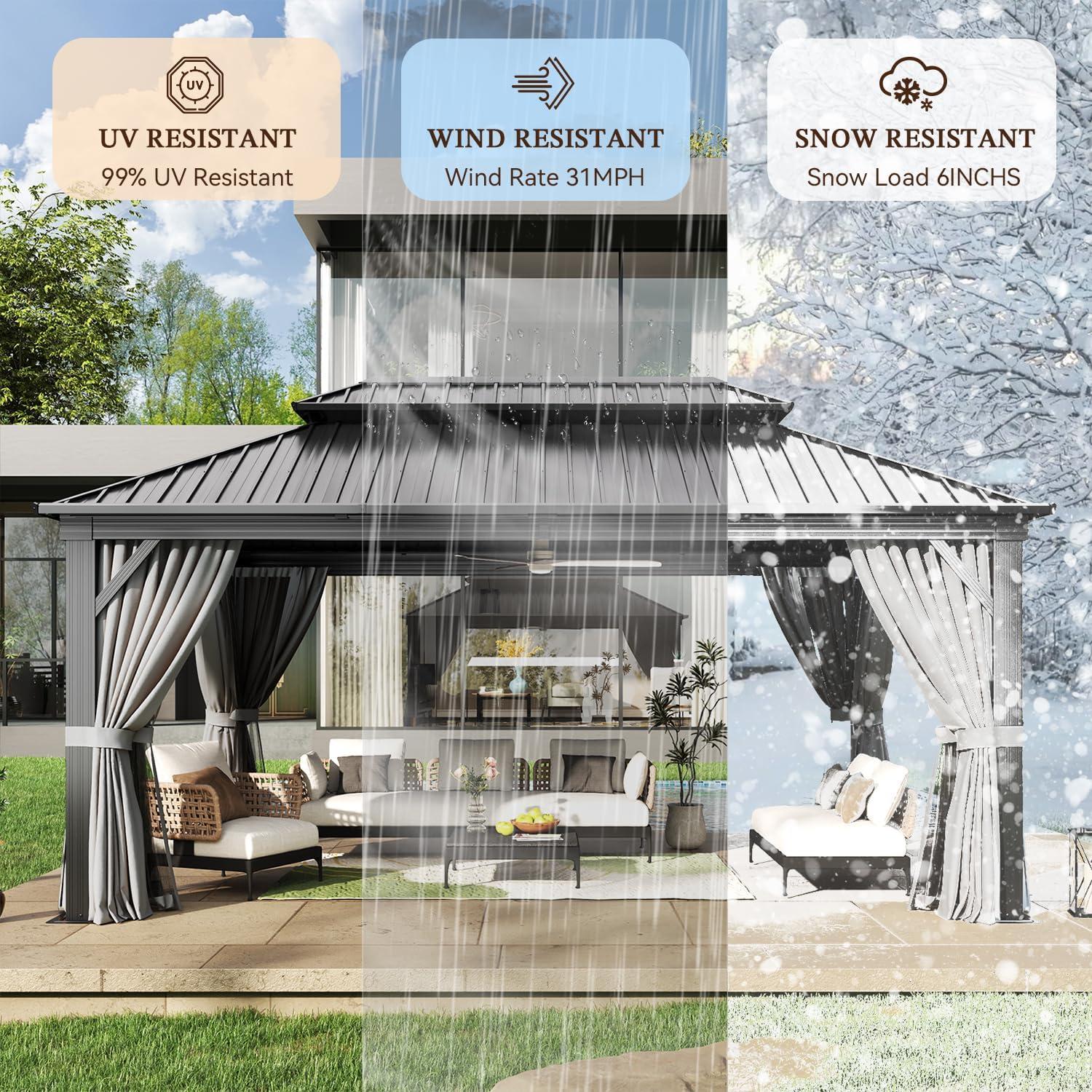 Sunmthink 12' x 16' Outdoor Hardtop Gazebo, Galvanized Double Roof Gazebo with Curtain and Netting for Patio, Garden, Lawn, Party