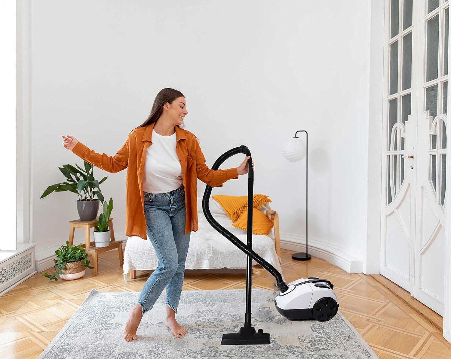 Impecca Lightweight Bagged Canister Vacuum Cleaner for Carpets, Rugs, Hard Floors, Upholstery, etc W/Powerful 1000W Motor, 2L Dust Capacity, Includes 6 Cleaning Tools + 3 Bags - White