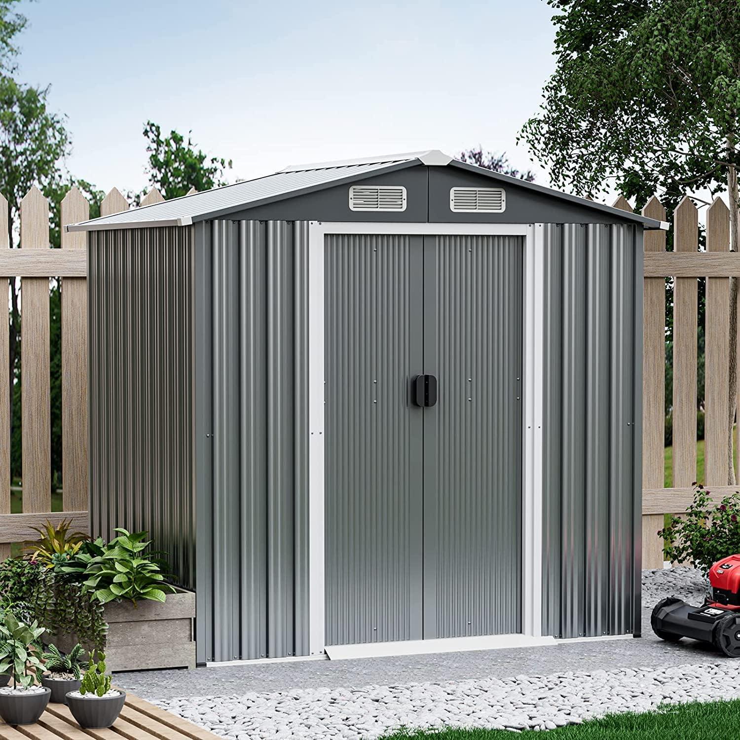 Costway 6 x 4 FT Outdoor Storage Shed Galvanized Steel Shed with Sliding Doors Wood Grain Natural/Grey