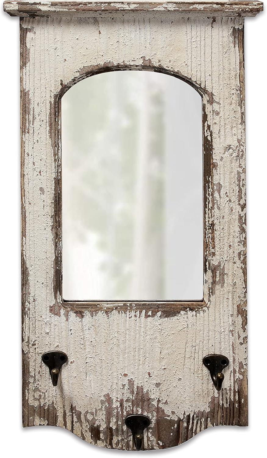 Sintosin Rustic Entryway Arched Wall Mirrors with 3 Metal Hooks 12" x 22", Hanging Distressed White Wood Frame Farmhouse Bathroom Mirrors for Vanity, Vintage Large Ornate Mirror Wall Decor Living Room