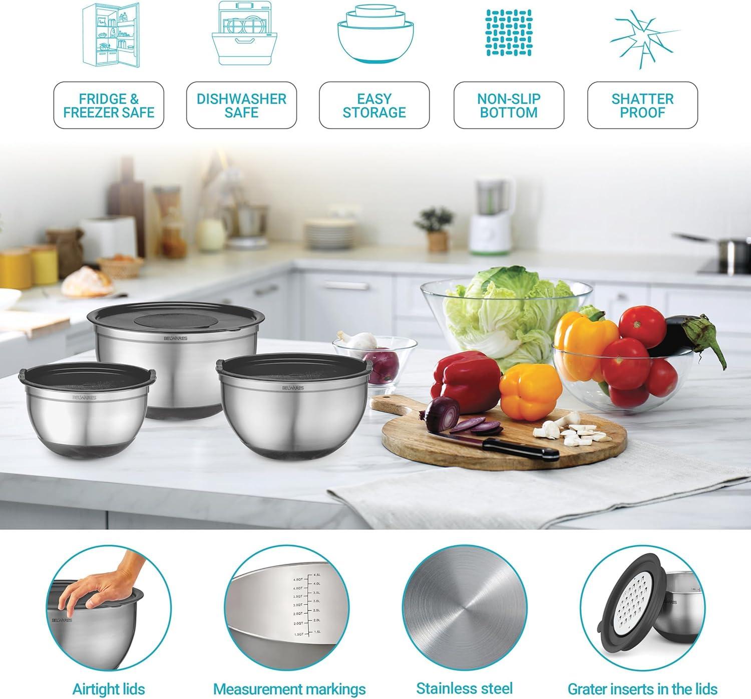 Toledo Bath & Kitchen Stainless Steel Mixing Bowls With Lids, 5-Pack Metal Nesting Bowls With Airtight Covers For Cooking, Baking, Serving, Storage, Non-Toxic & Dishwasher Safe, Size 4.6/3/1.5/1/0.7QT - Khaki