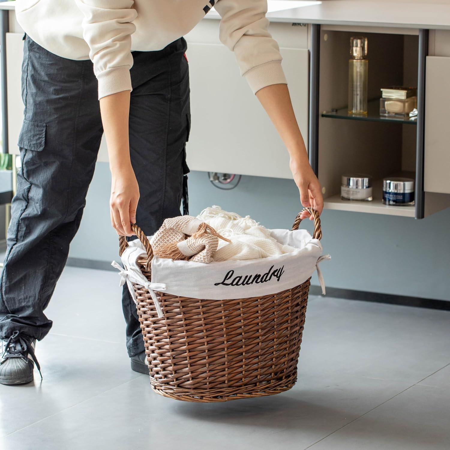Wickerwise Handwoven Laundry Basket with Liner & Handles - Boho Decorative Storage Hamper for Clothes Blankets Pillows and Towels, Brown