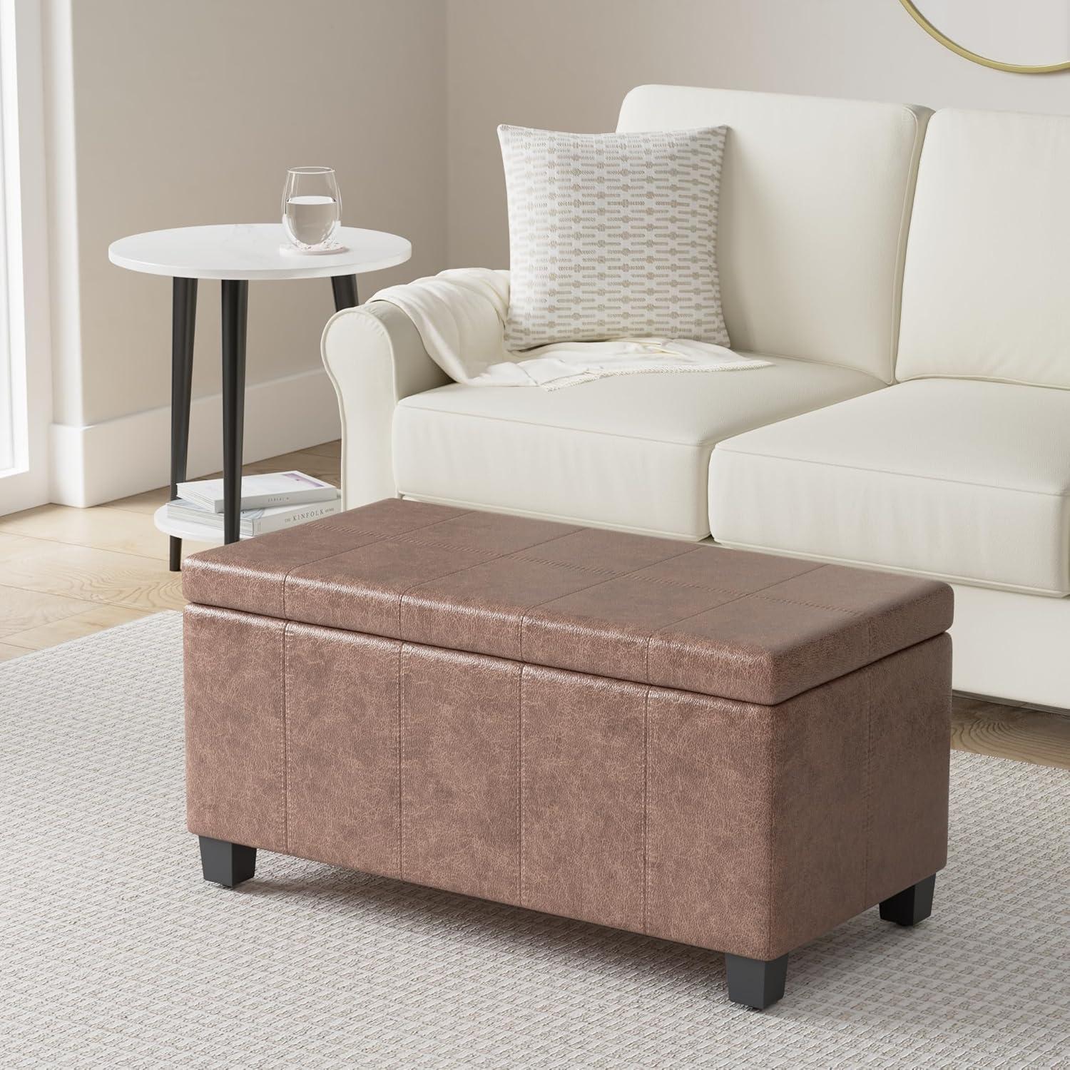 Simpli Home Dover Faux Leather Storage Ottoman Bench in Umber Brown