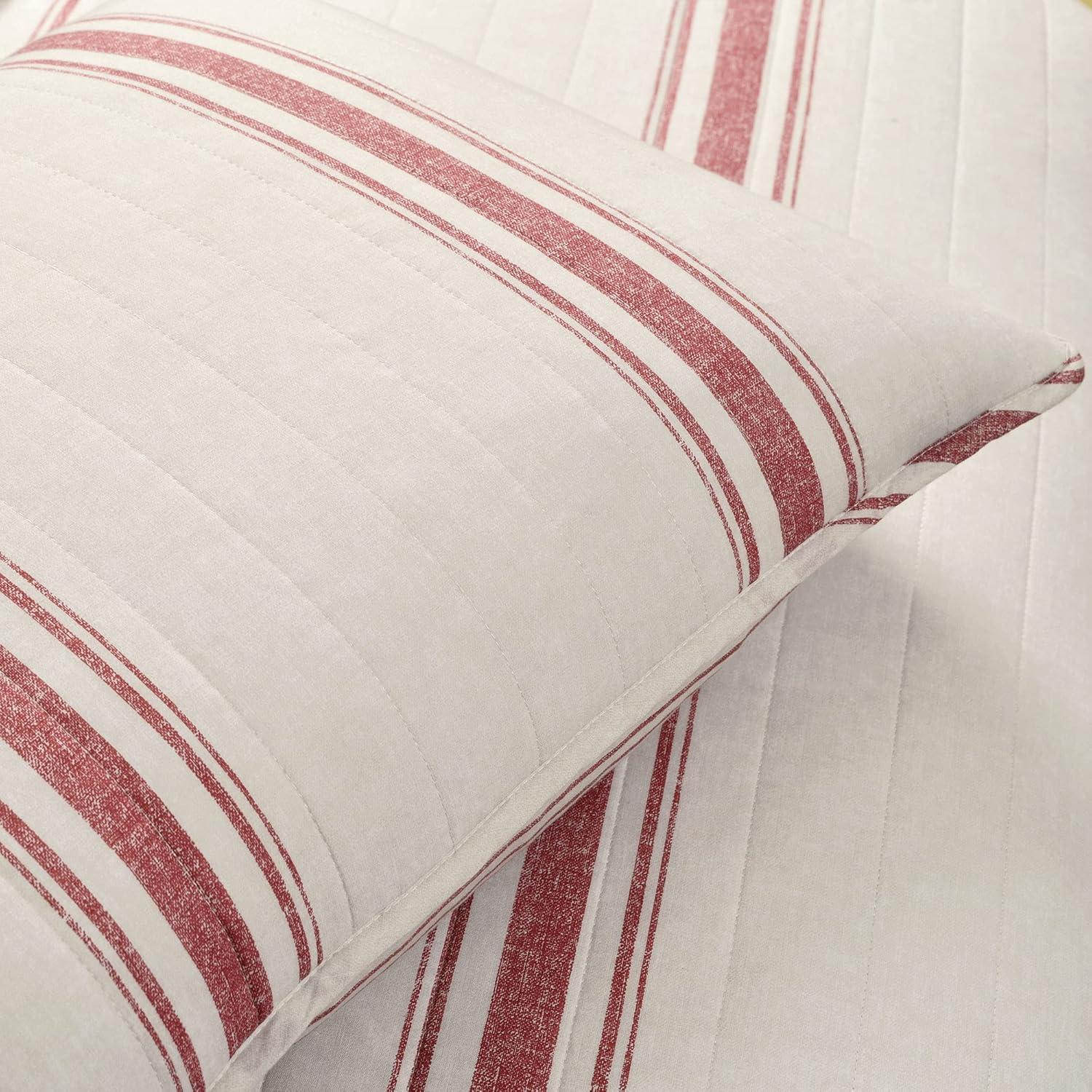 Lush Decor Farmhouse Stripe Cotton Reversible Quilt, King, Red, 3-Pc Set