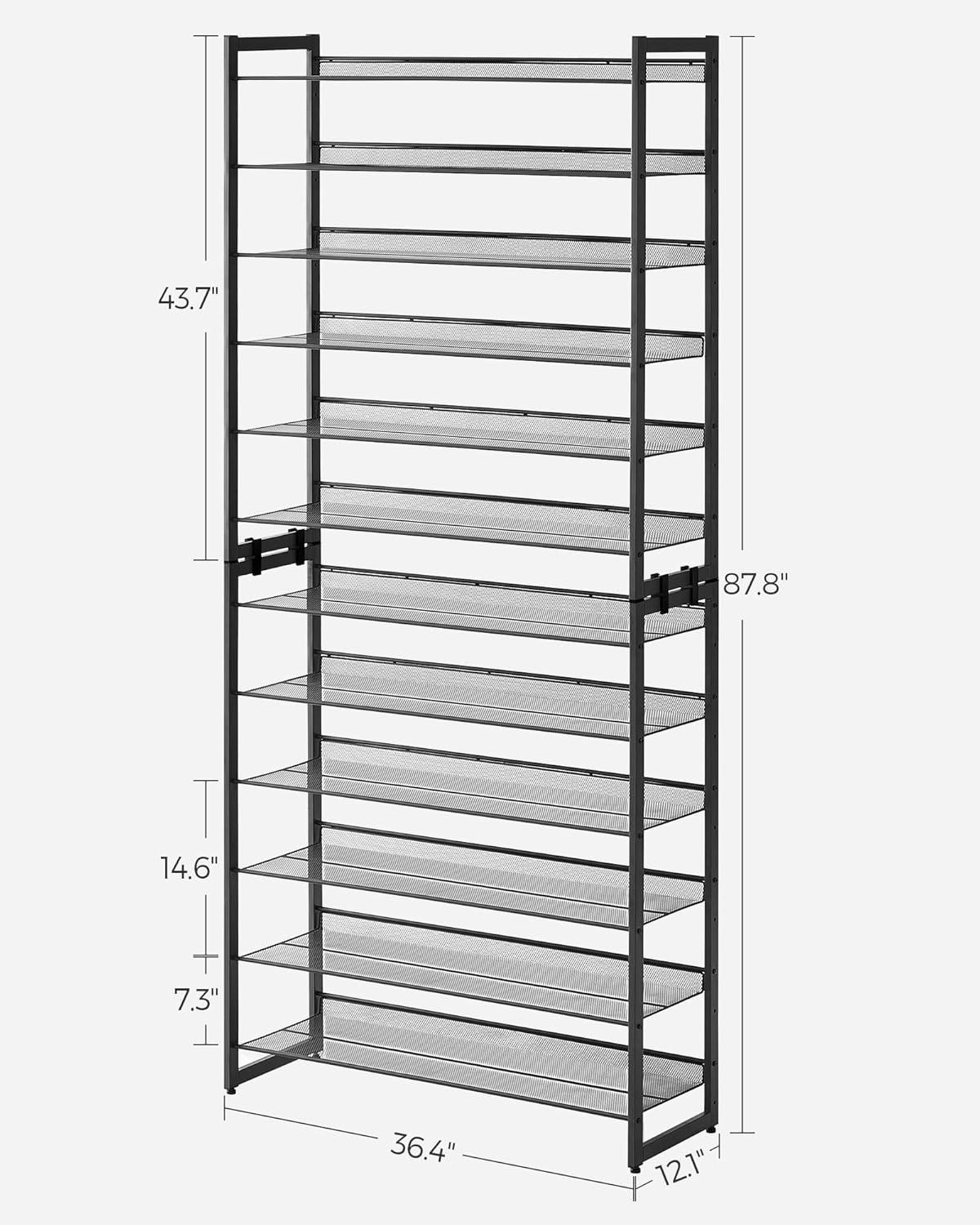 Black 12-Tier Stackable Metal Shoe Rack with Adjustable Shelves