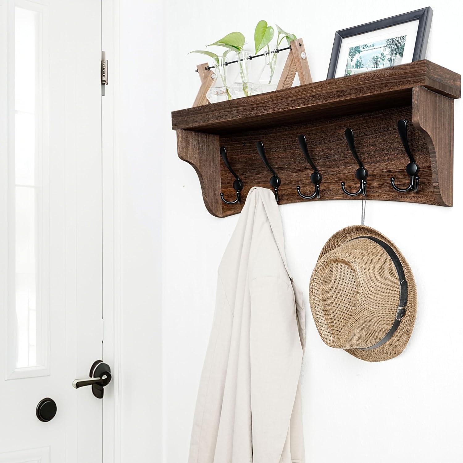 HBCY Creations Rustic Brown Solid Wood Wall Mounted Coat Rack with Shelf, 5 Hooks, 24" Long - Kitchen, Mudroom, Entryway, Bathroom - Includes Mounting Hardware, Coat Hanger, Dog Leash Hooks