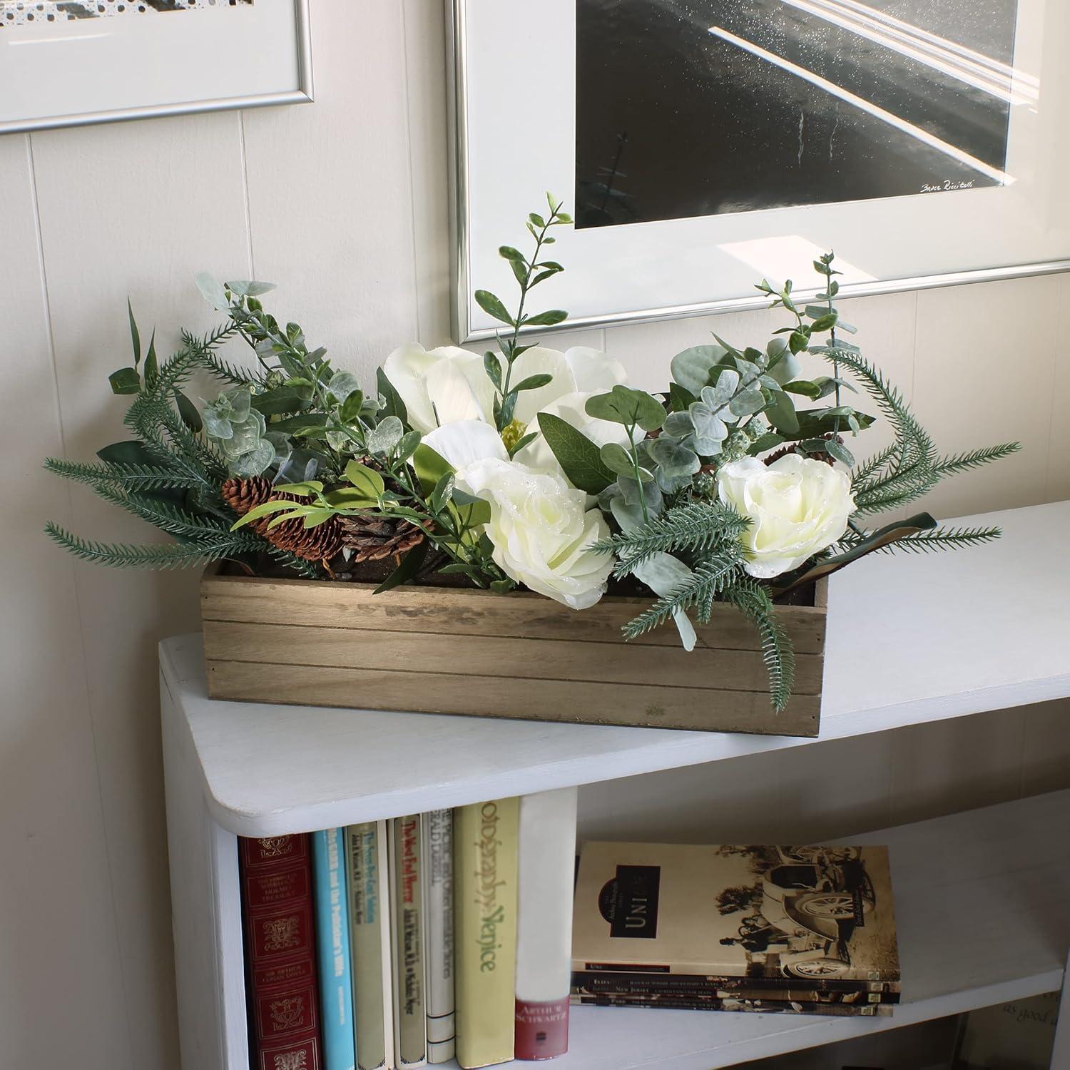National Tree Company Artifical  Christmas Centerpiece, Green, Mixed Leaves and Magnolia, Pine Cones, White Roses, Wooden Planter Box, 23 Inch