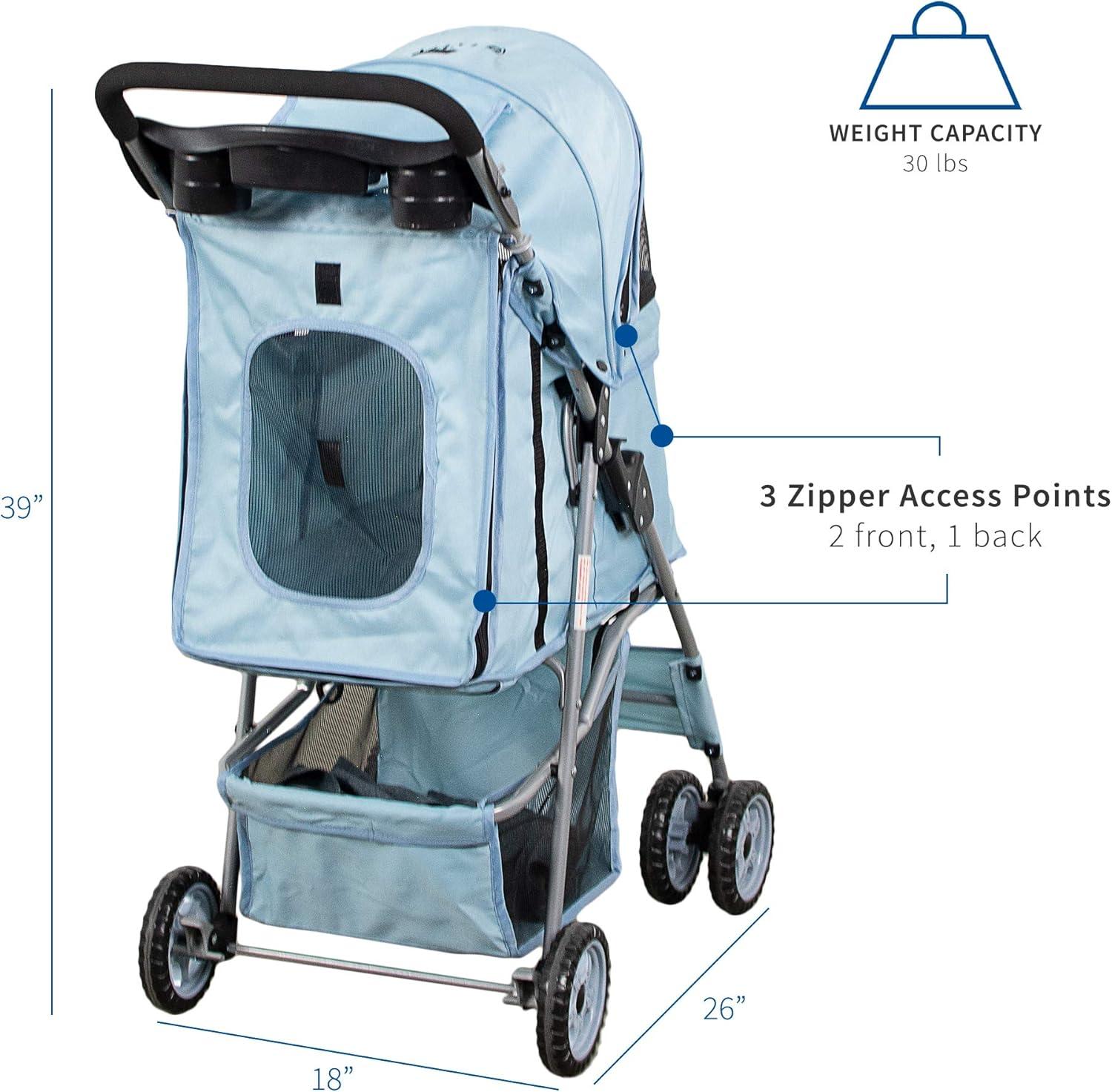 Blue Foldable Four-Wheel Pet Stroller with Mesh Windows