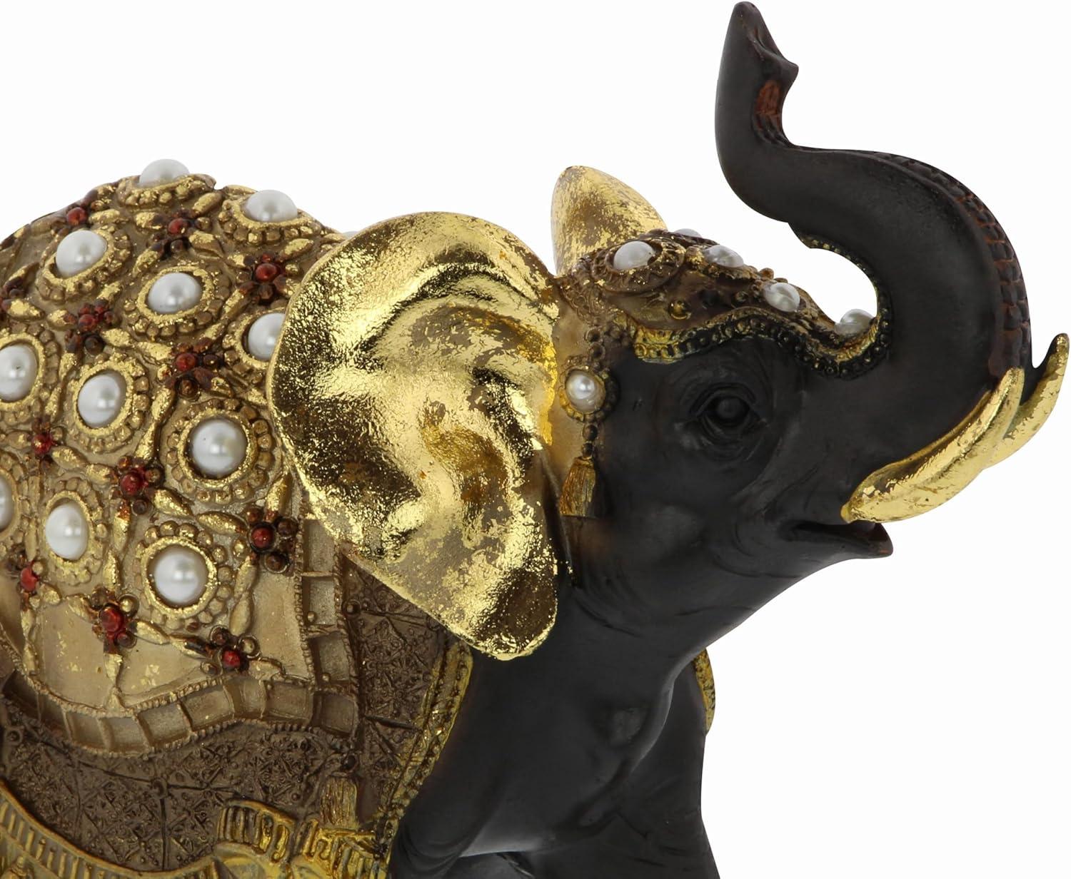World Menagerie Alfhild Polystone Handmade Decorated Elephant Gold Sculpture with Ornate Dresswear and Pearl Accents Set