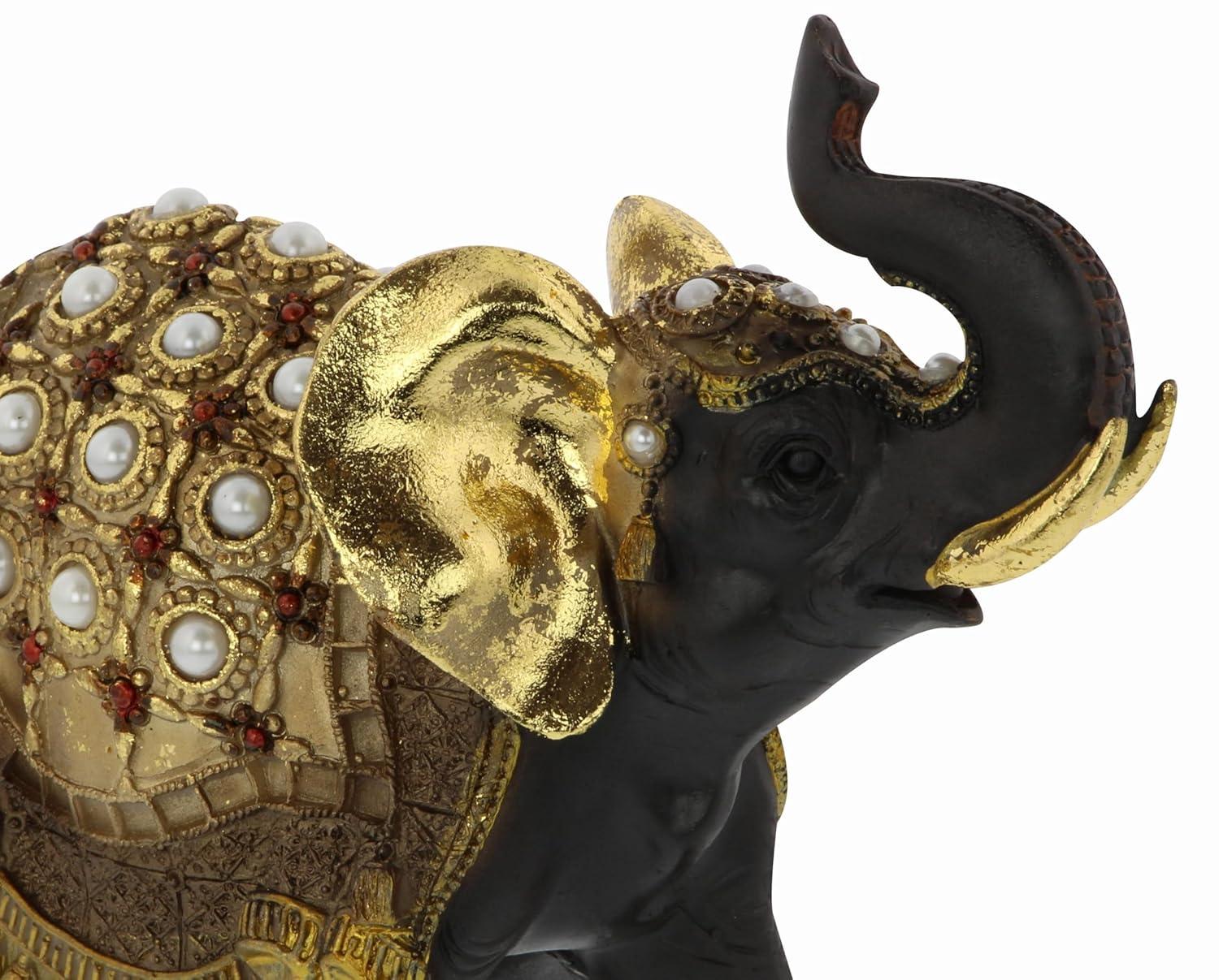 World Menagerie Alfhild Polystone Handmade Decorated Elephant Gold Sculpture with Ornate Dresswear and Pearl Accents Set