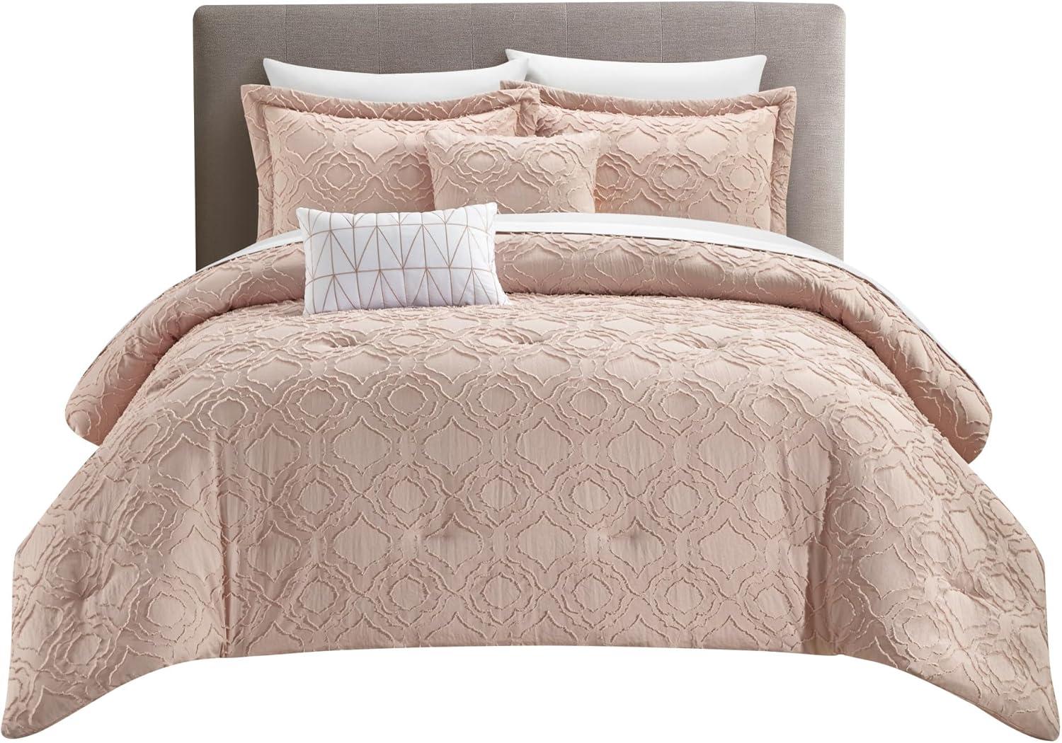 Chic Home Janea 5-Piece Geometric Clip Jacquard Comforter Set, Queen, Rose