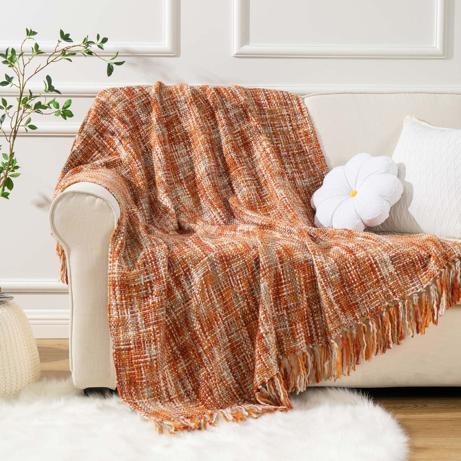 Orange Ochre Knitted Acrylic Throw Blanket with Fringes, 50"x60"