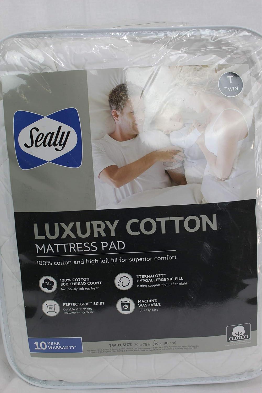 Sealy Luxury Cotton Soft Top High Loft Fill Machine Washable Fitted Mattress Pad, Queen