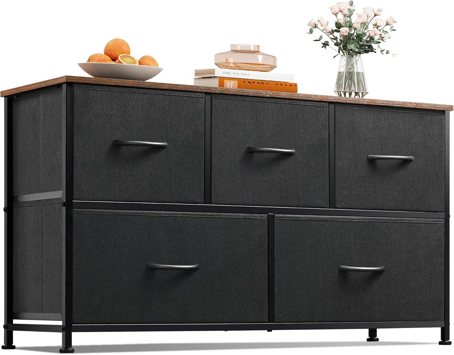 Black and Rustic Brown 5-Drawer Fabric Dresser with Steel Frame