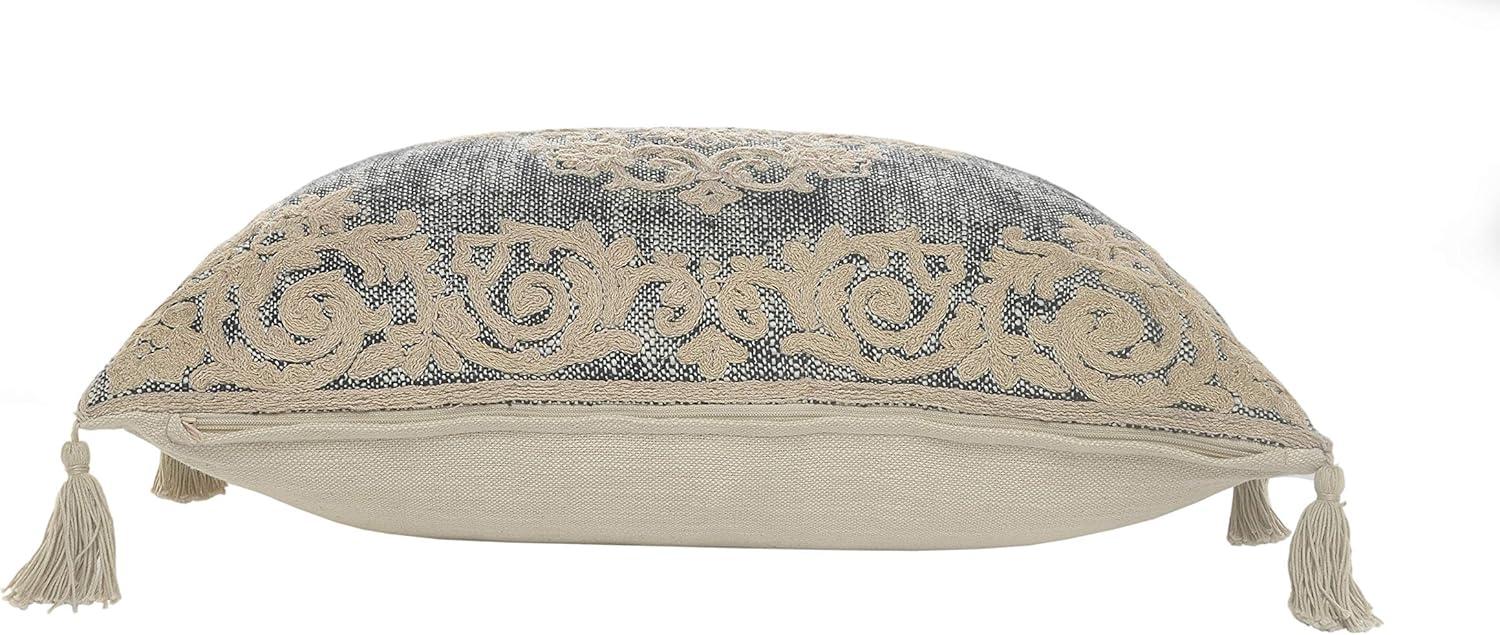 Gray and Beige Embroidered Rectangular Lumbar Pillow