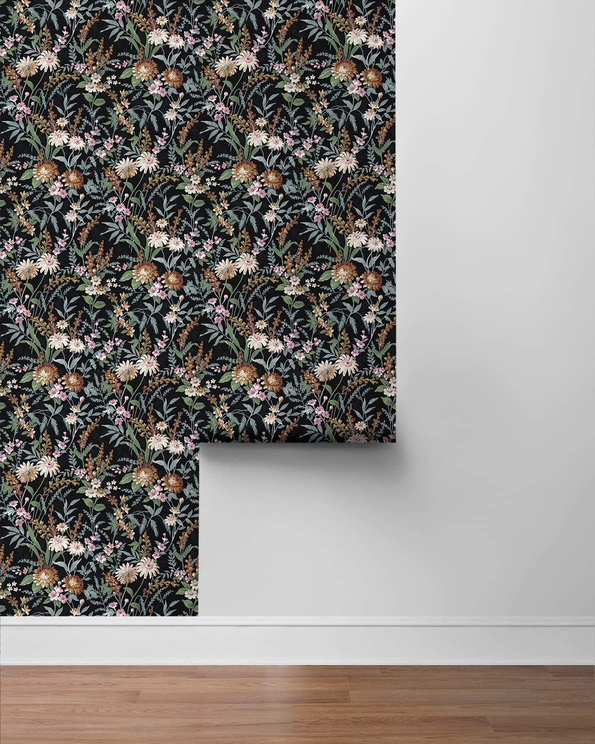 NextWall Vintage Floral Peel and Stick Wallpaper 20.5 in. W x 18 ft. L - Onyx