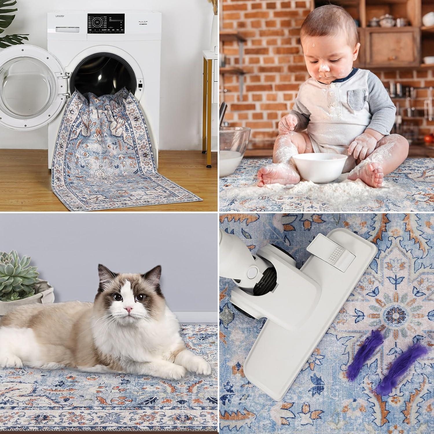 9x12 Area Rug Vintage Medallion Distressed Rug Machine Washable Area Rugs for Living Room Non-Slip Stain Resistant Accent Rug, Blue