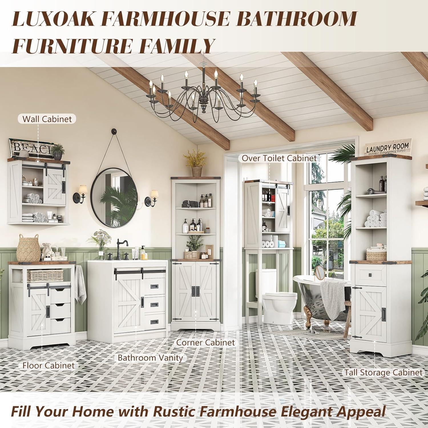 Farmhouse Over Toilet Cabinet, 68" Tall Toilet Organizer Stand with Sliding Barn Door & Adjustable Shelf, Above Toilet Storage for Bathroom, Laundry Room, Rustic Oak & White