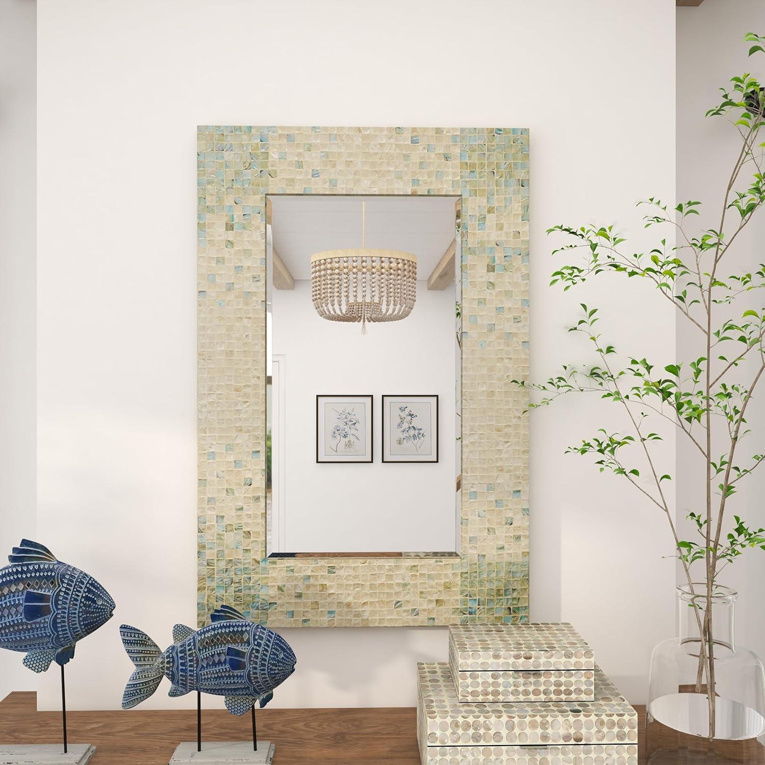 DecMode 24" x 36" Cream Handmade Mosaic Wall Mirror with Blue Corners