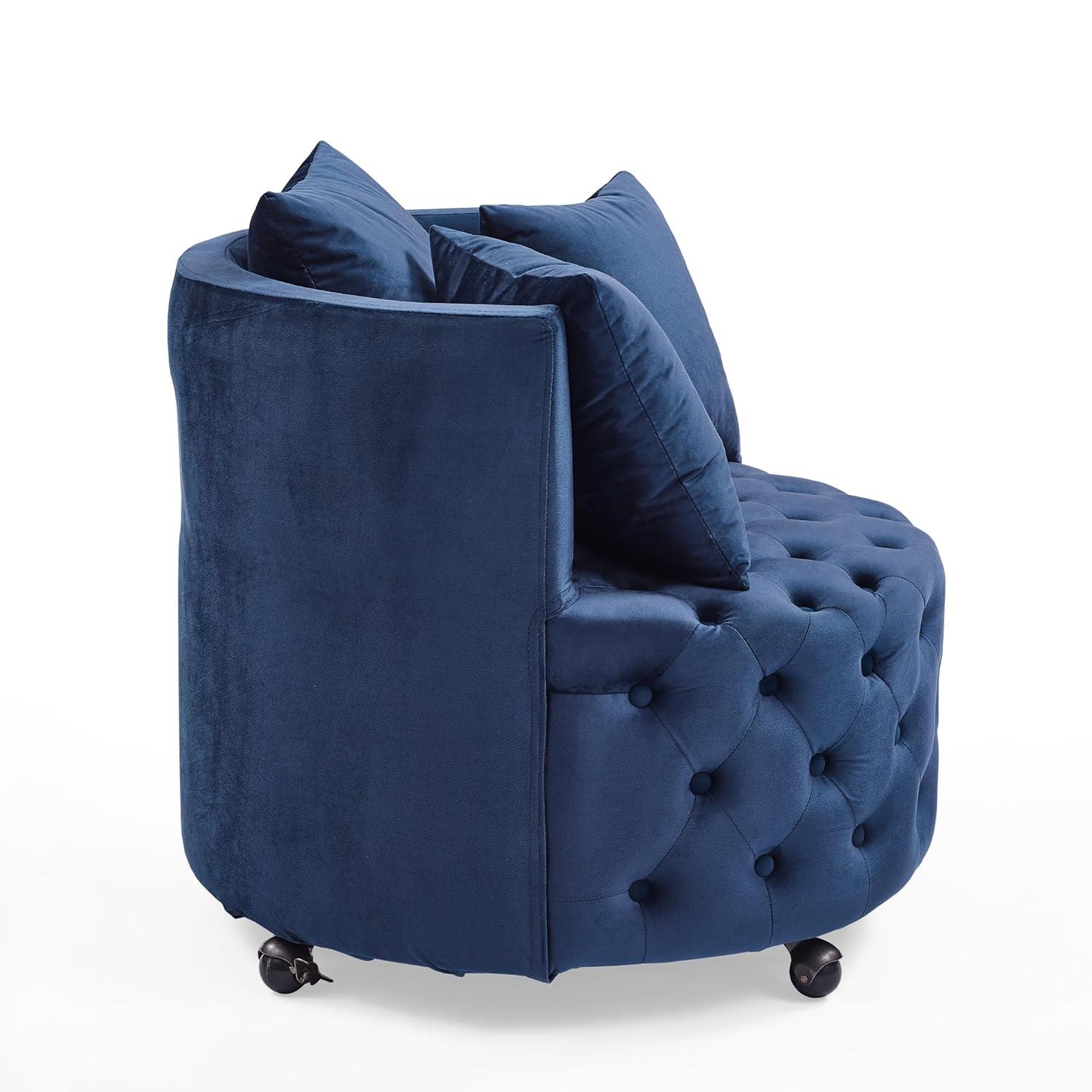 Velvet Upholstered Swivel Chair with 4 Universal Caster Wheels, Wooden Button Tufted Design Single Sofa Chair with 3 Pillows for Apartment, Office, Living Room & Bedroom (Blue)