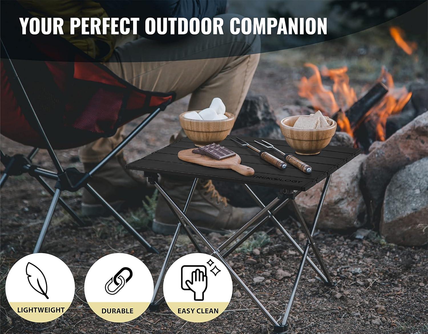 Trekology Foldable Aluminum Camping Table with Enforced Robust Hinged Connection.