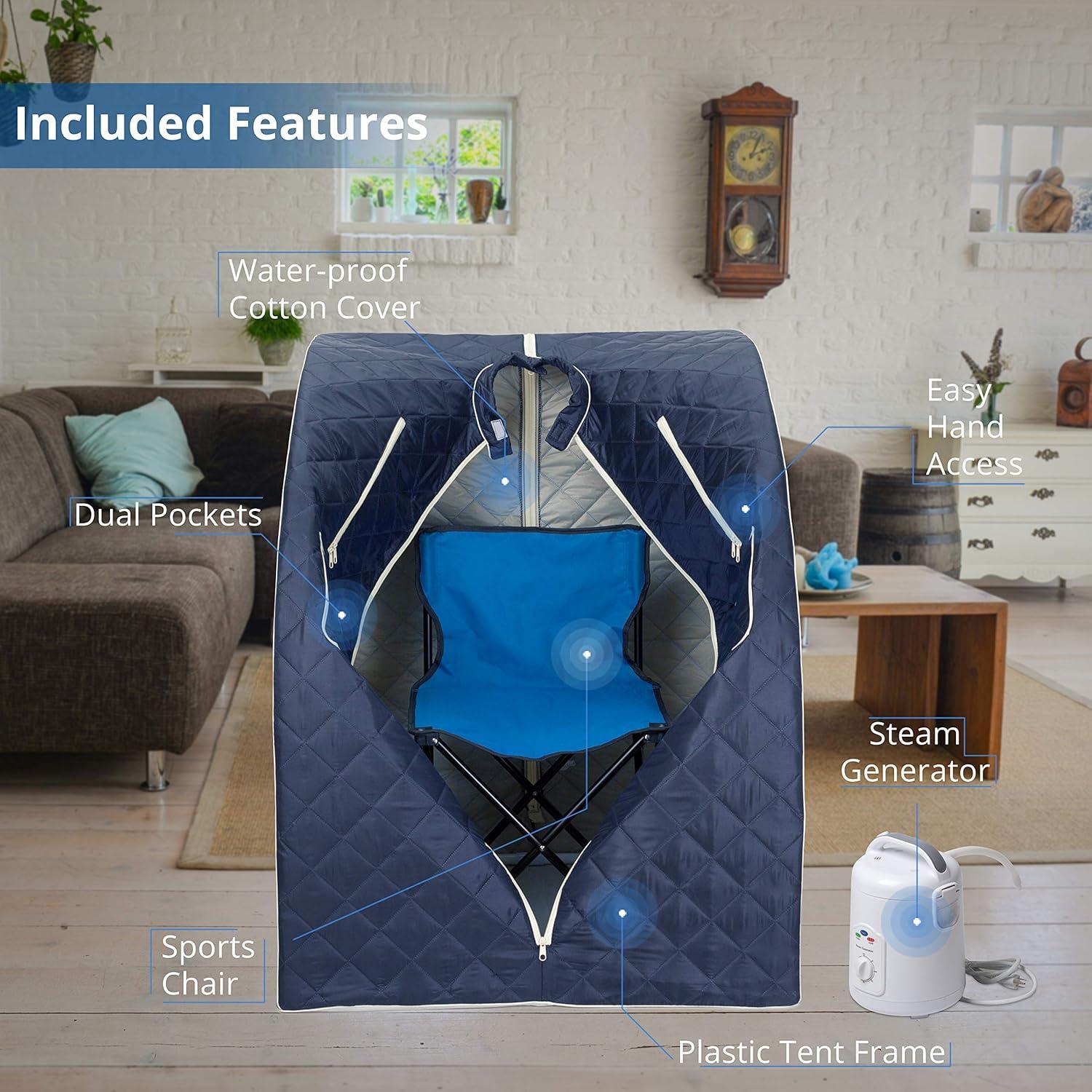 Durasage Oversized Portable Steam Sauna Spa - Relaxation at Home - 60 Minute Timer - 800 Watt Steam Generator - Chair Included - Blue Satin