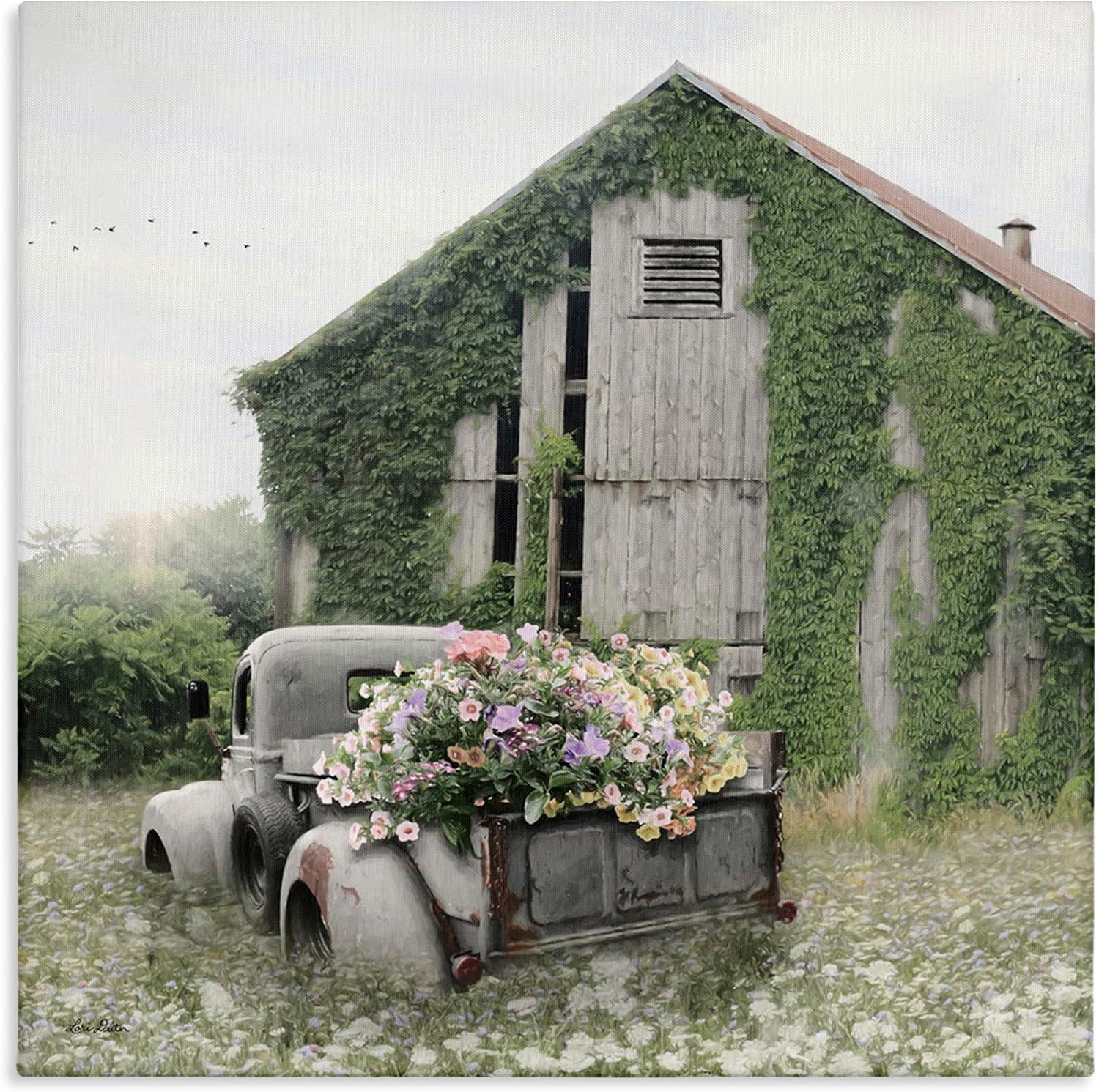 Vintage Farmhouse Barn with Flowering Truck Canvas Art, 24 x 24